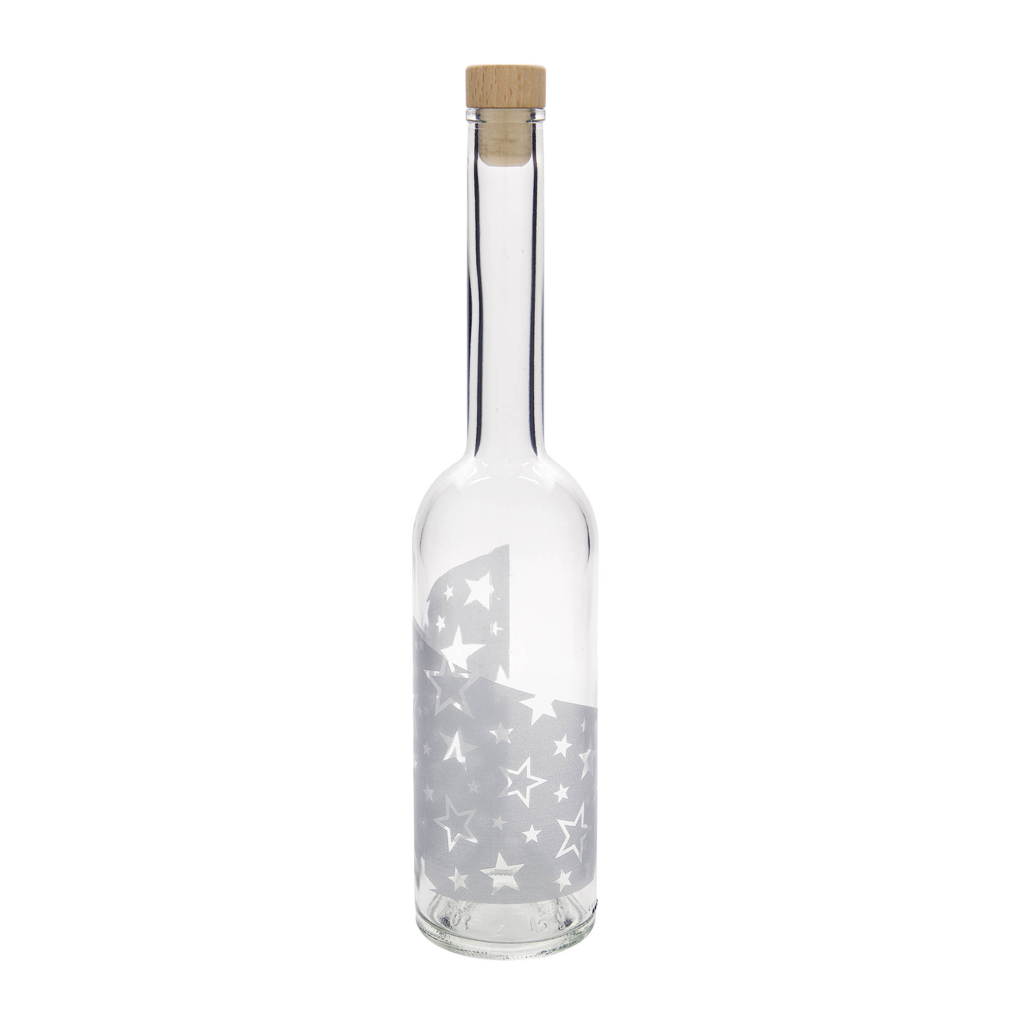 500 ml glass bottle 'Opera', design: silver stars, opening: cork