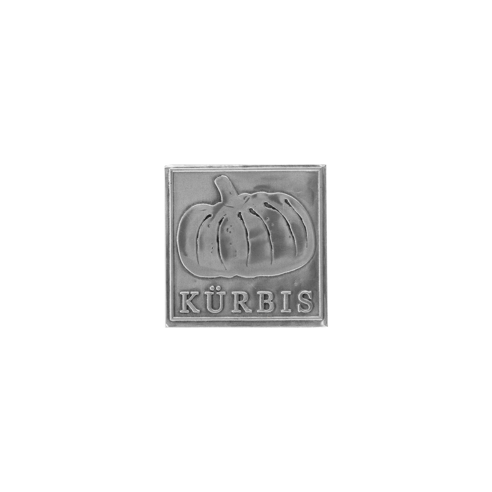 Tin label ‘Pumpkin’, square, metal, silver