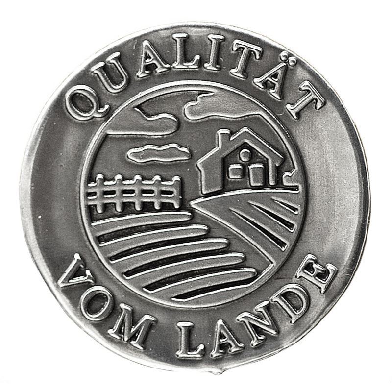 Tin label 'Quality from the Countryside', round, metal, silver Tin label 'Quality from the Countryside', round, metal, silver