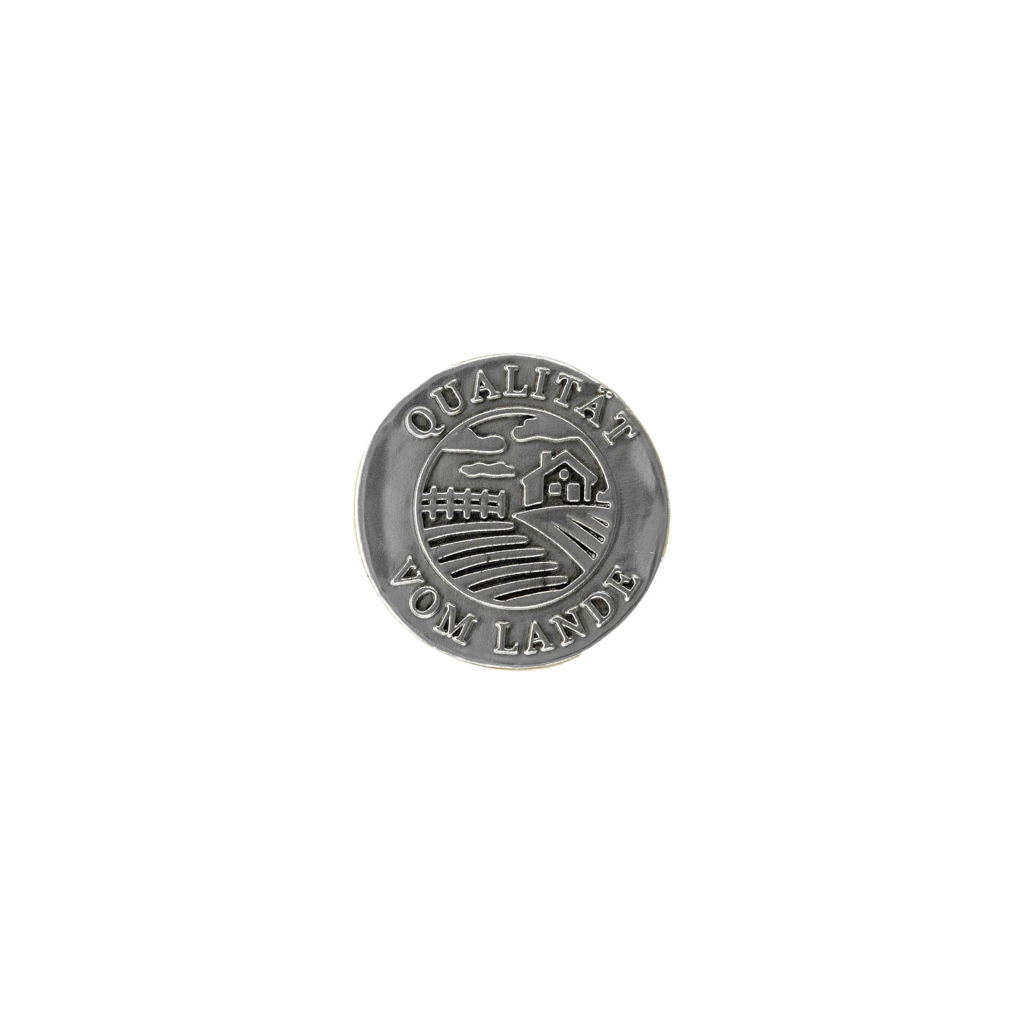 Tin label 'Quality from the Countryside', round, metal, silver