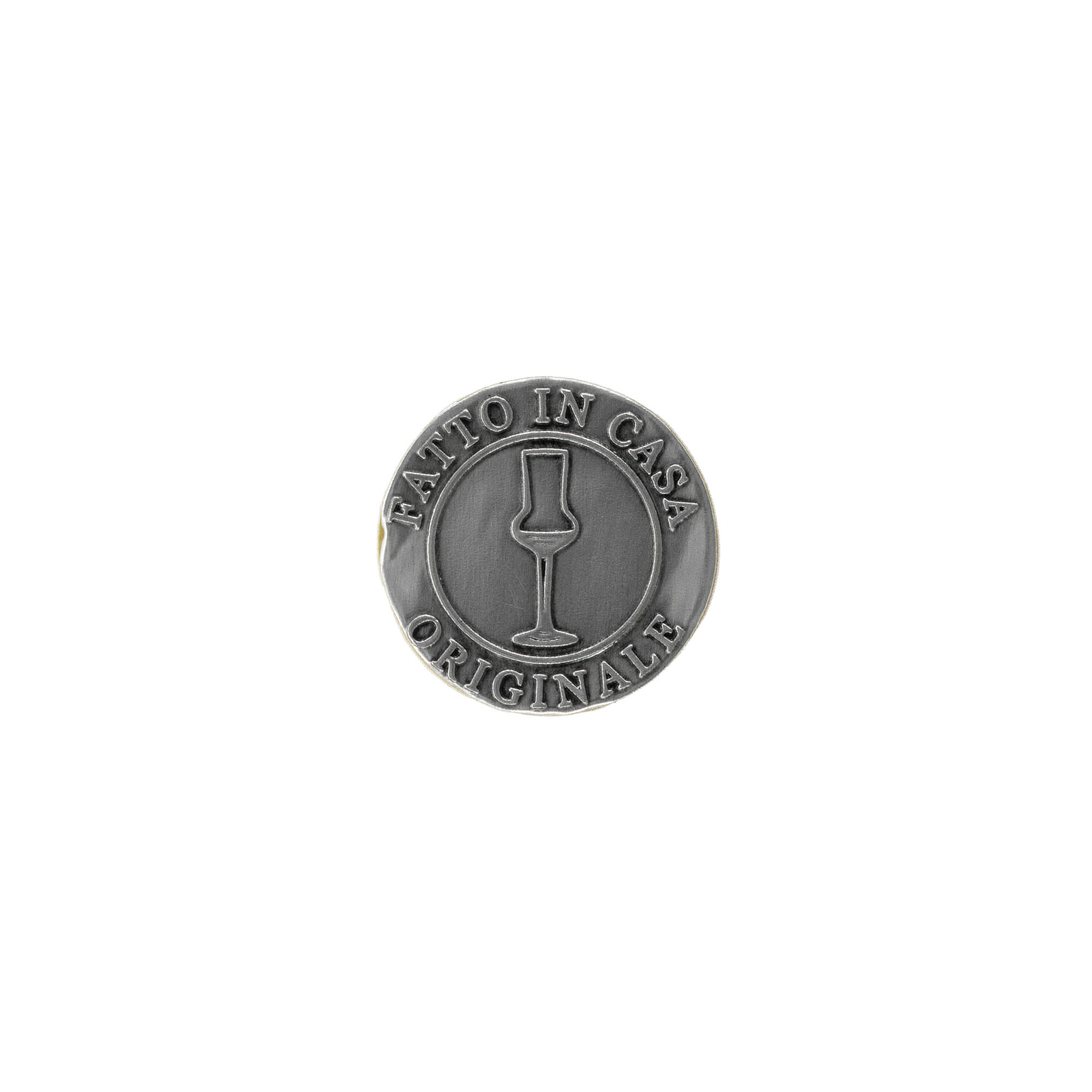 Tin label 'Fatto in Casa', round, metal, silver Tin label 'Fatto in Casa', round, metal, silver