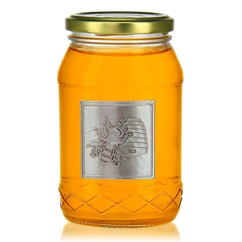 Tin label 'Honey', square, metal, silver Tin label 'Honey', square, metal, silver