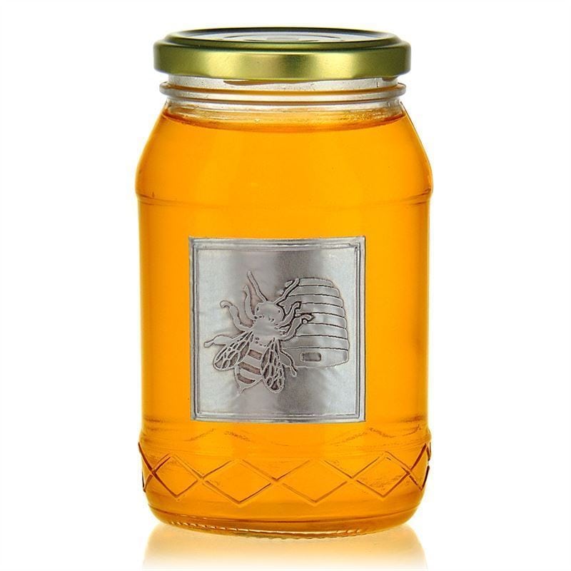 Tin label ‘Honey’, square, metal, silver