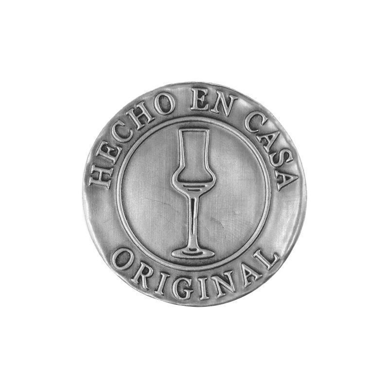 Tin label 'Hecho en Casa', round, metal, silver Tin label 'Hecho en Casa', round, metal, silver