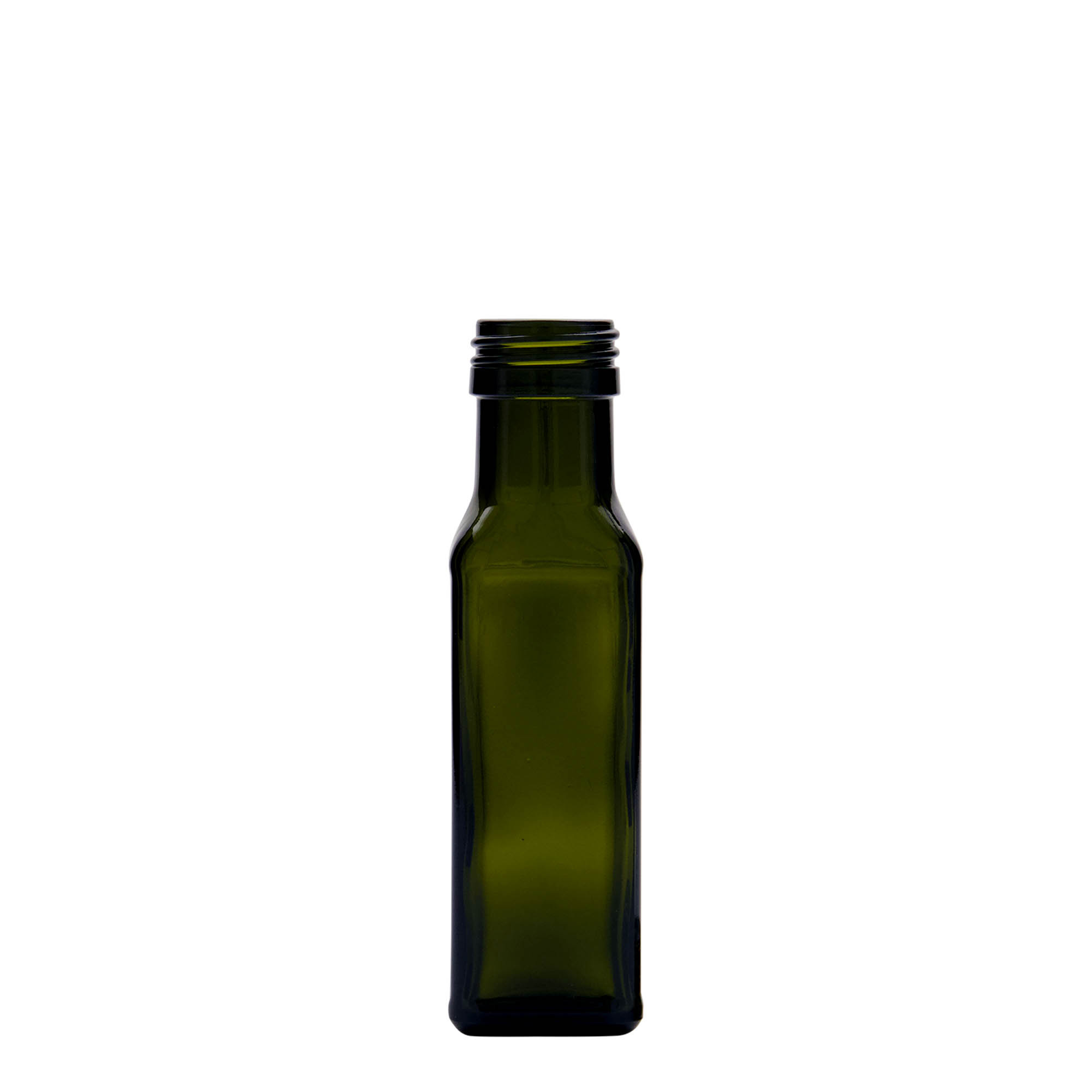 100 ml glass bottle 'Marasca', square, antique green, opening: PP 31.5 100 ml glass bottle 'Marasca', square, antique green, opening: PP 31.5