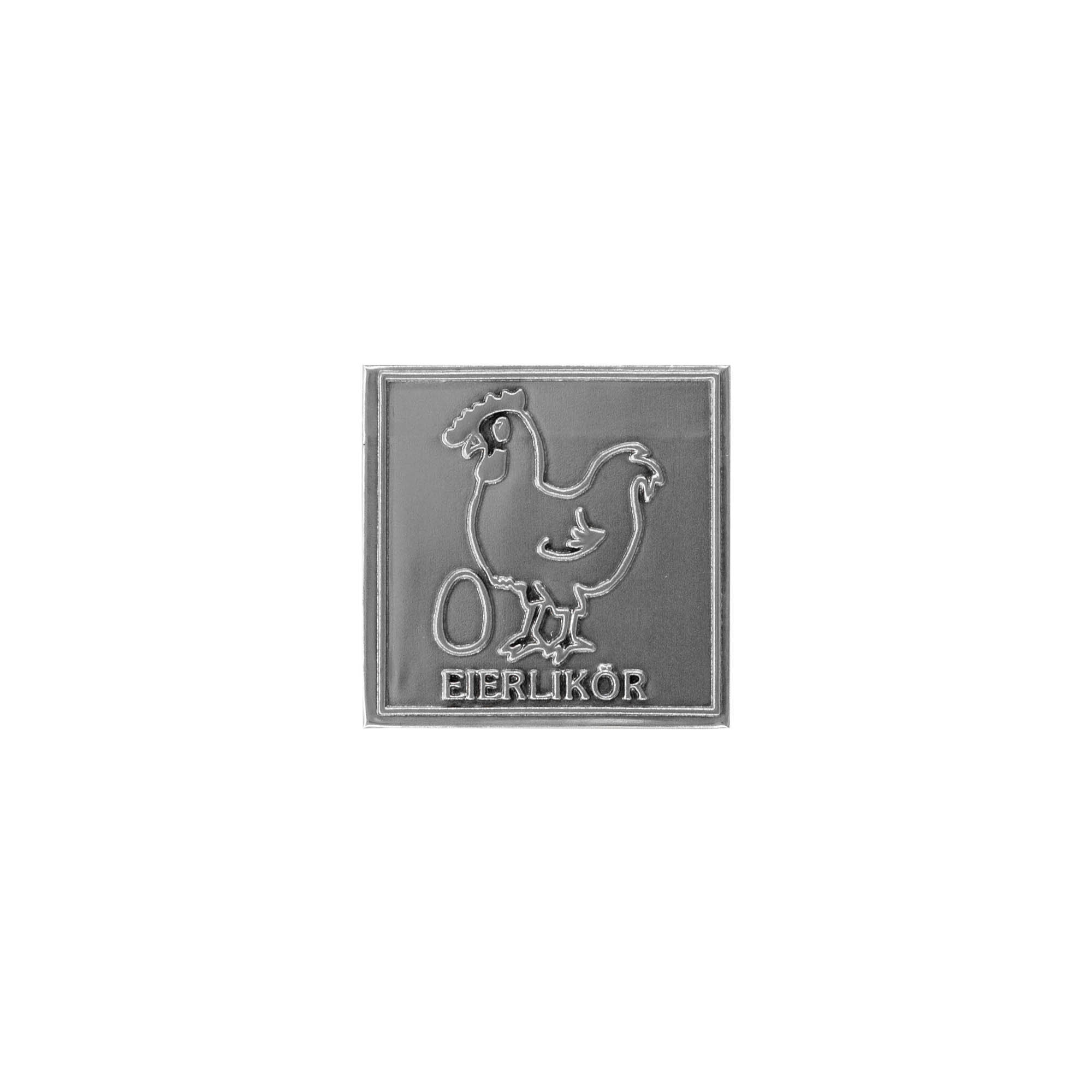 Pewter tag 'Egg Liqueur', square, metal, silver Pewter tag 'Egg Liqueur', square, metal, silver