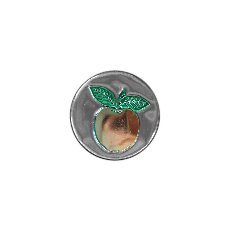 Tin label 'Apple', round, metal, silver Tin label 'Apple', round, metal, silver