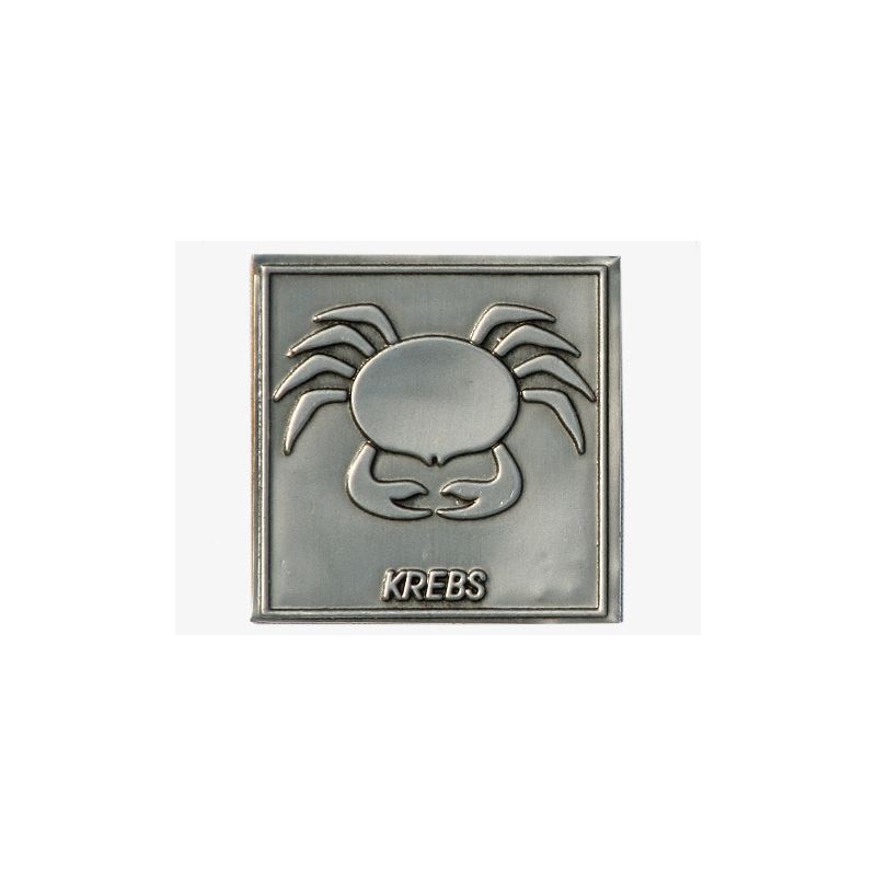 Tin label 'Cancer', square, metal, silver