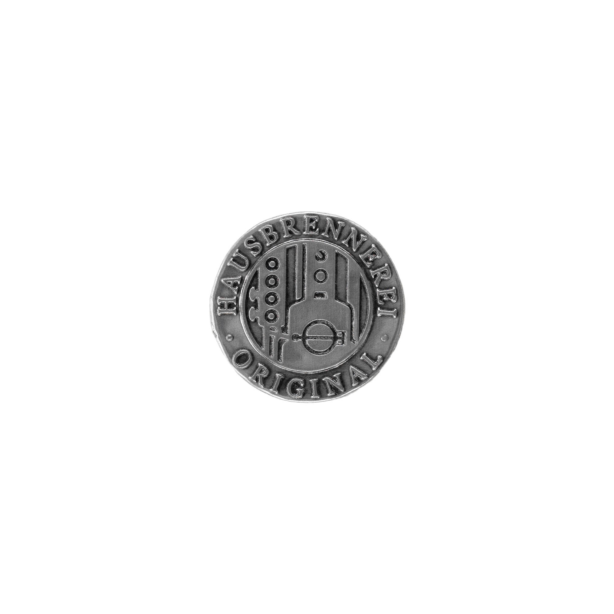 Tin label 'House Distillery', round, metal, silver