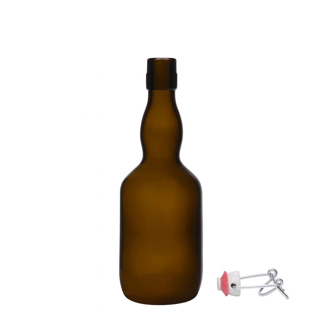 500 ml beer bottle with long neck, glass, antique green, opening: swing top closure