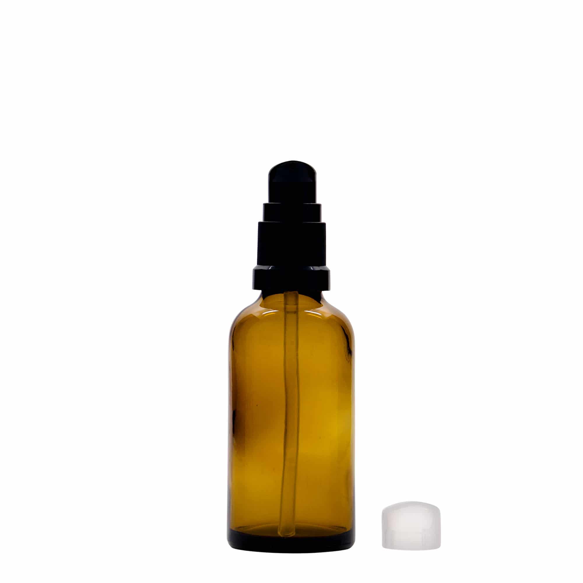 50 ml medical bottle with lotion pump, glass, brown, opening: DIN 18