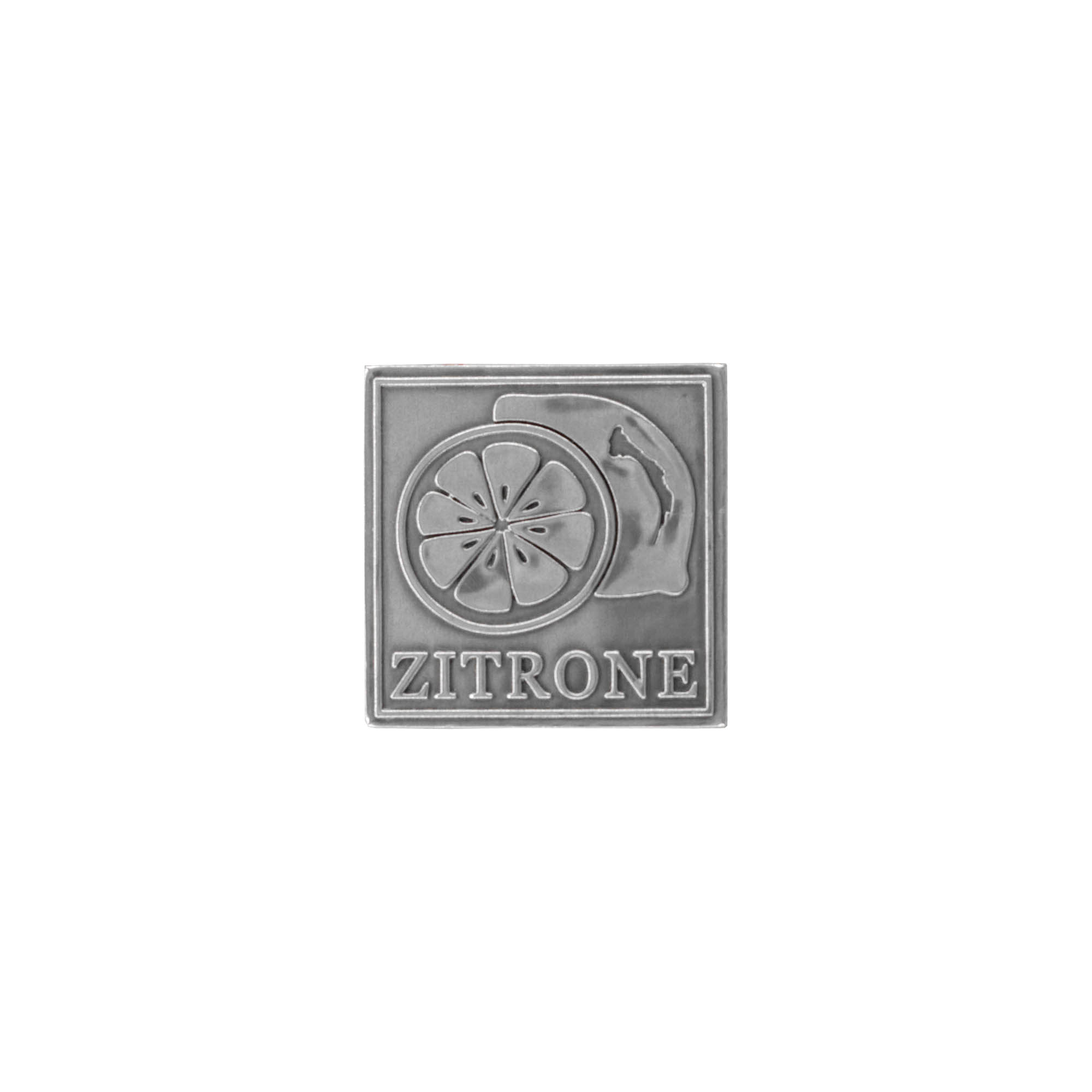 Tin label 'Lemon', square, metal, silver Tin label 'Lemon', square, metal, silver