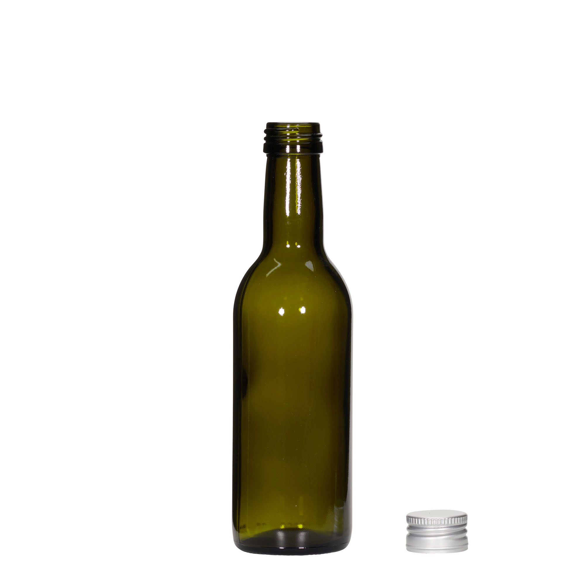 250 ml glass bottle ‘Bordeaux’, antique green, opening: PP 28