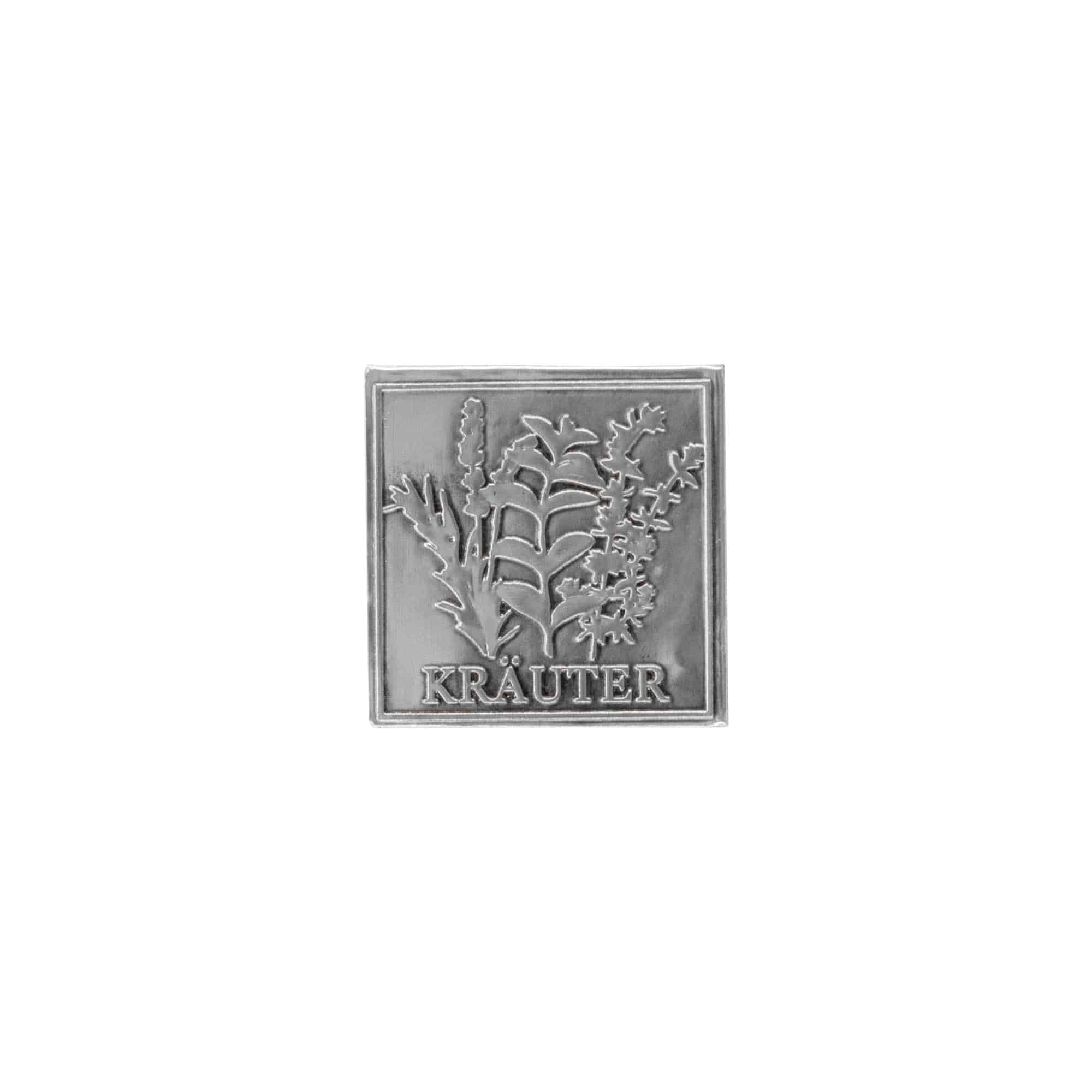 Tin label ‘Herbs’, square, metal, silver