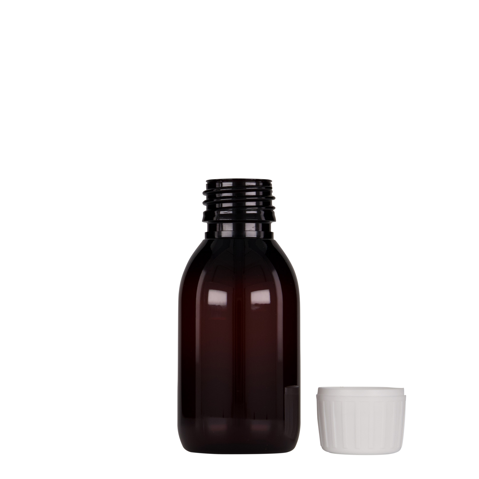 100 ml PET medicine bottle, brown, plastic, closure: PP 28