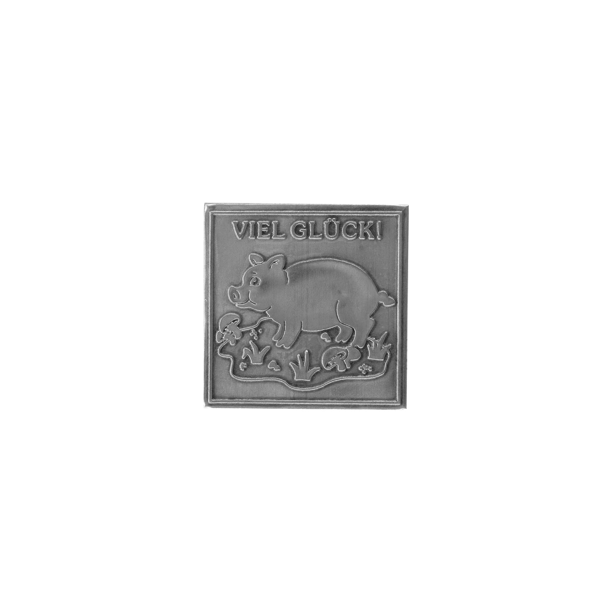 Tin label 'Good luck', square, metal, silver Tin label 'Good luck', square, metal, silver