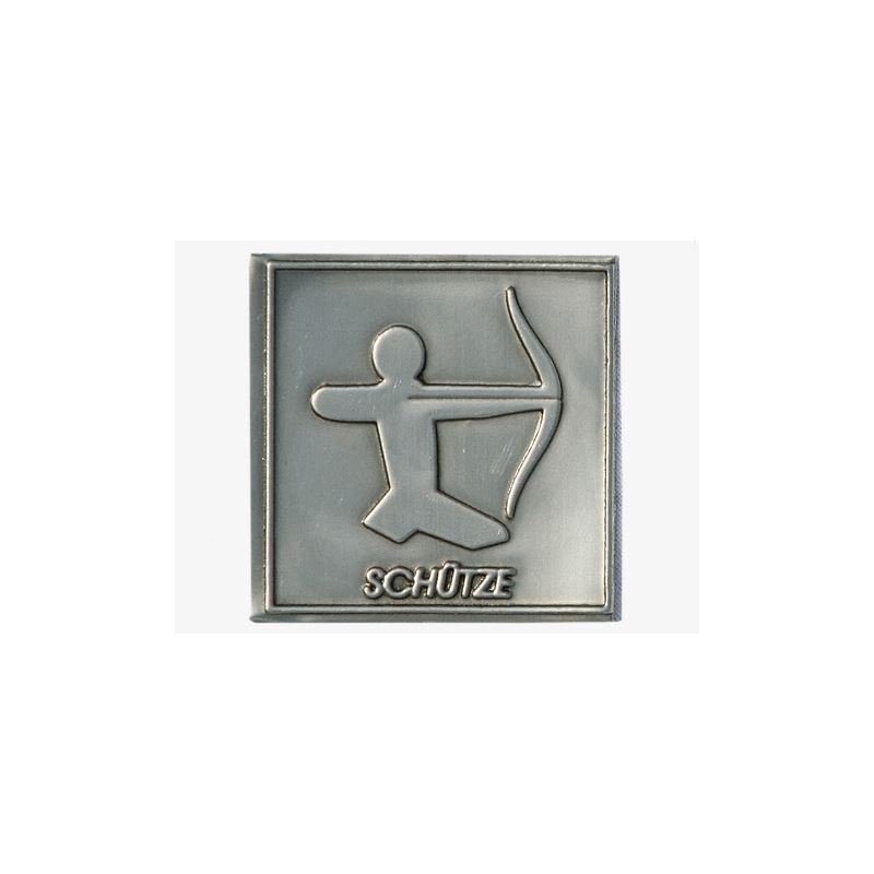 Tin label 'Schütze', square, metal, silver