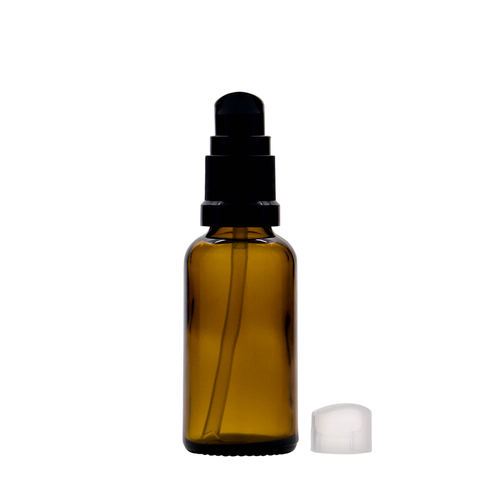 30 ml medical bottle with lotion pump, glass, brown, opening: DIN 18