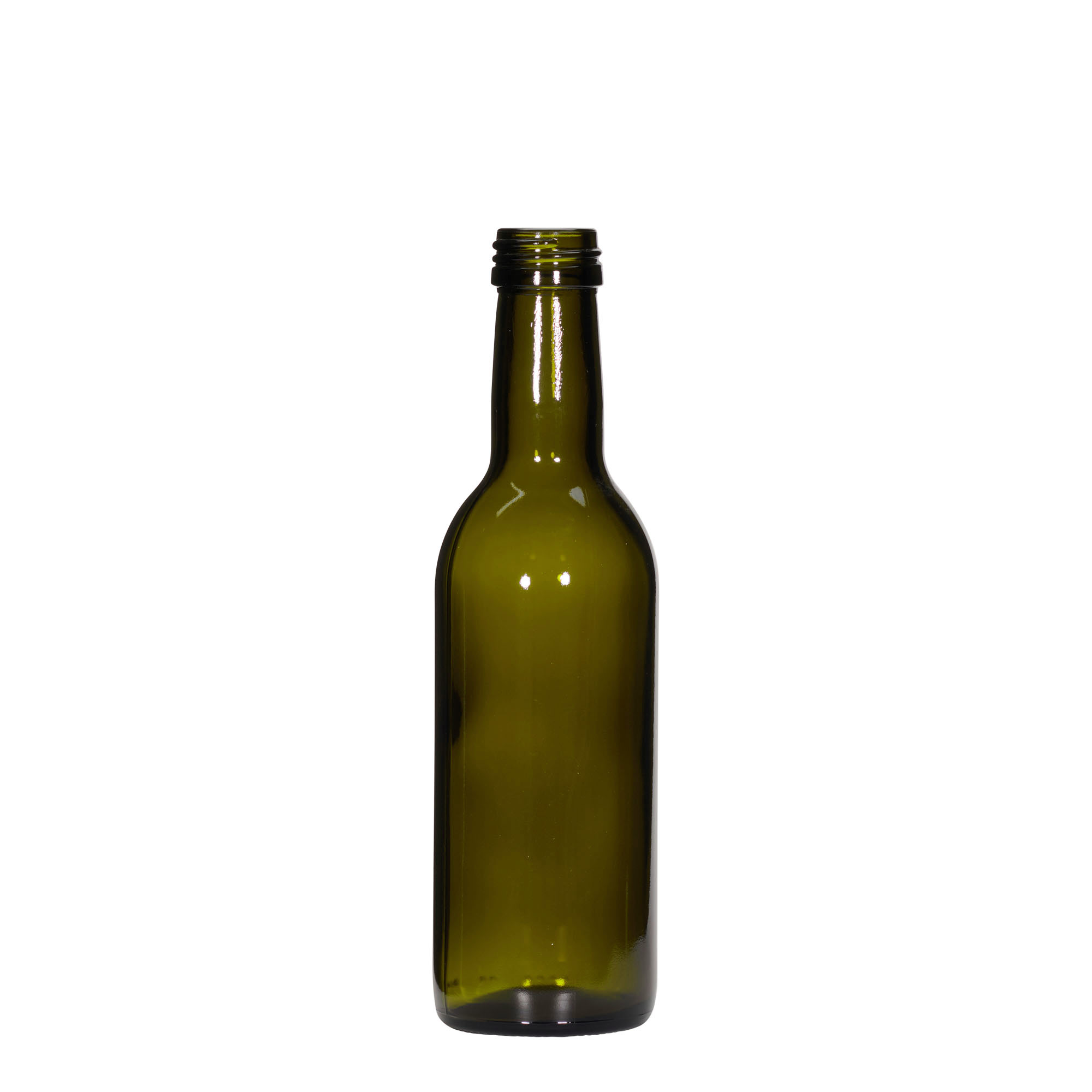250 ml glass bottle ‘Bordeaux’, antique green, opening: PP 28