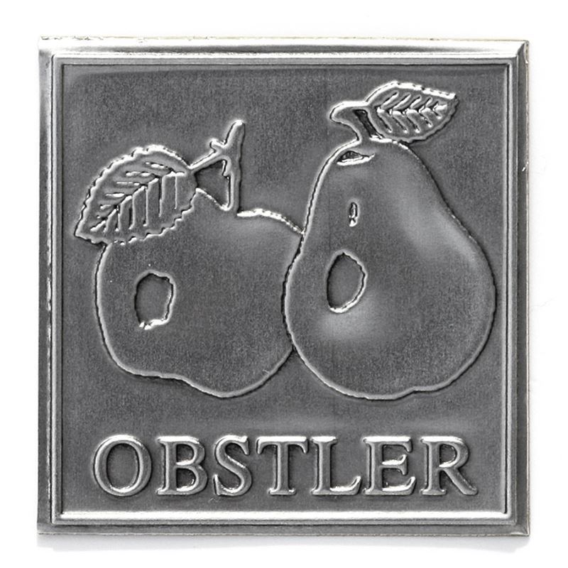 Tin label 'Obstler', square, metal, silver