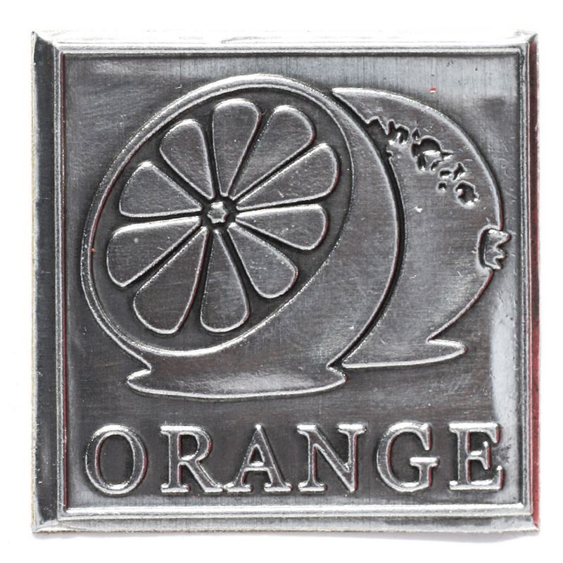 Tin label 'Orange', square, metal, silver