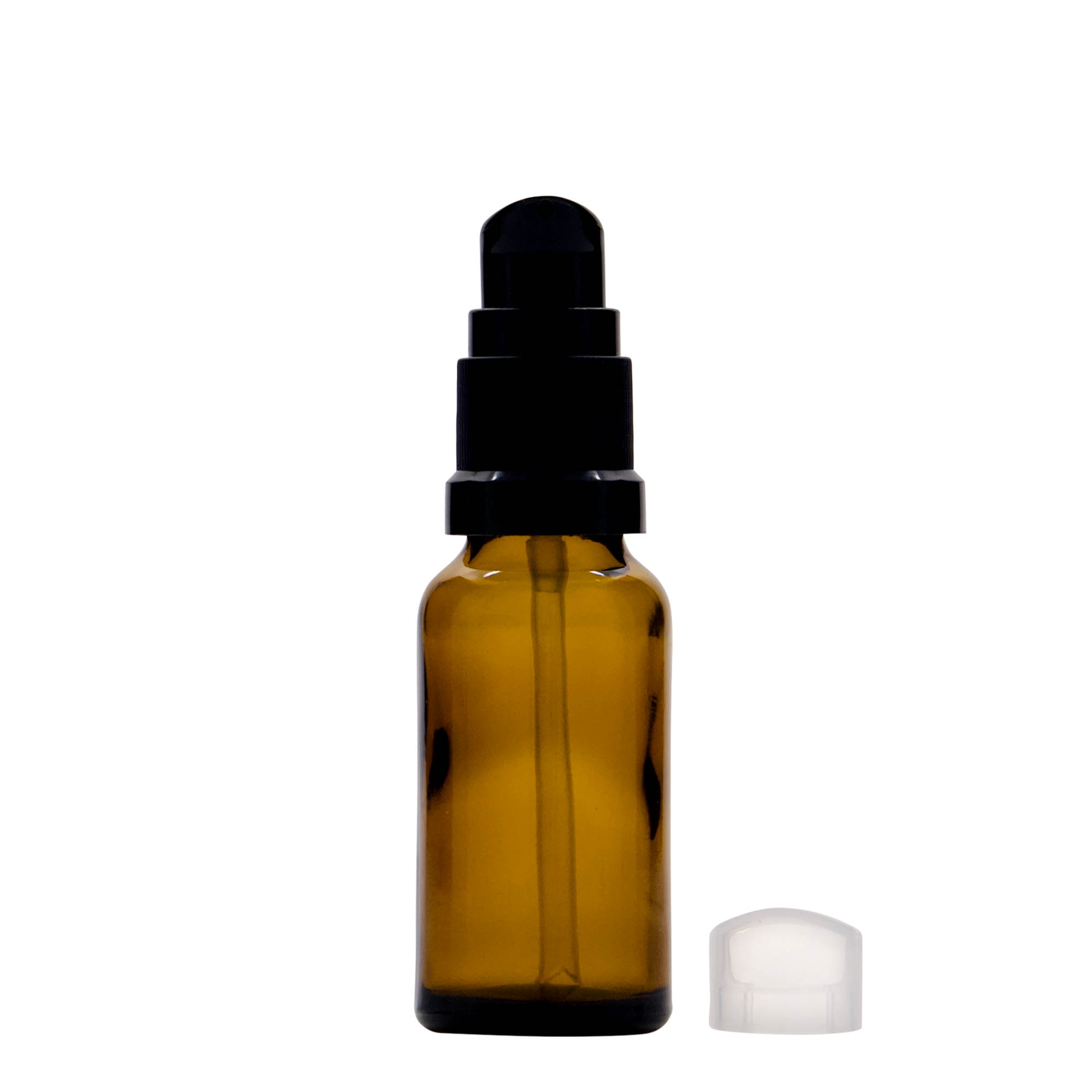 20 ml medicine bottle with lotion pump, glass, brown, opening: DIN 18