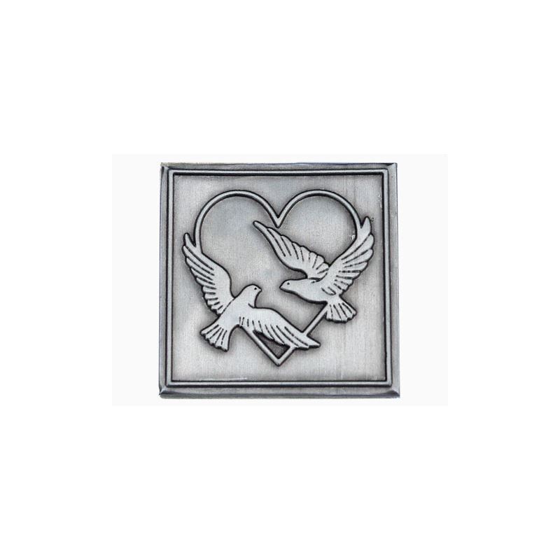 Tin label 'Wedding doves', square, metal, silver Tin label 'Wedding doves', square, metal, silver