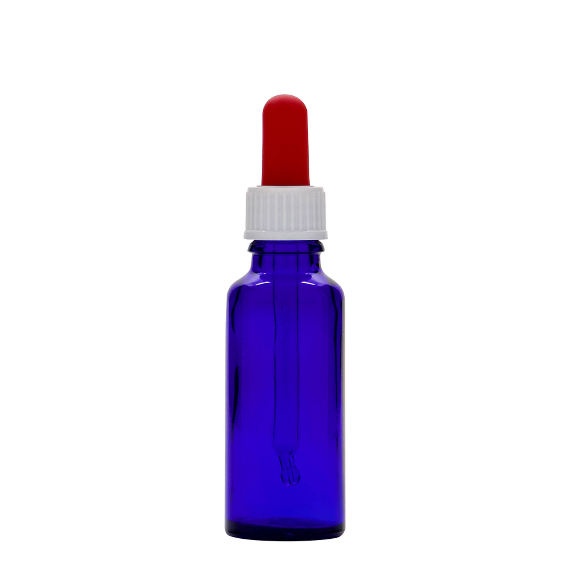 30 ml medicine pipette bottle, glass, royal blue/red, closure: DIN 18 30 ml medicine pipette bottle, glass, royal blue/red, closure: DIN 18
