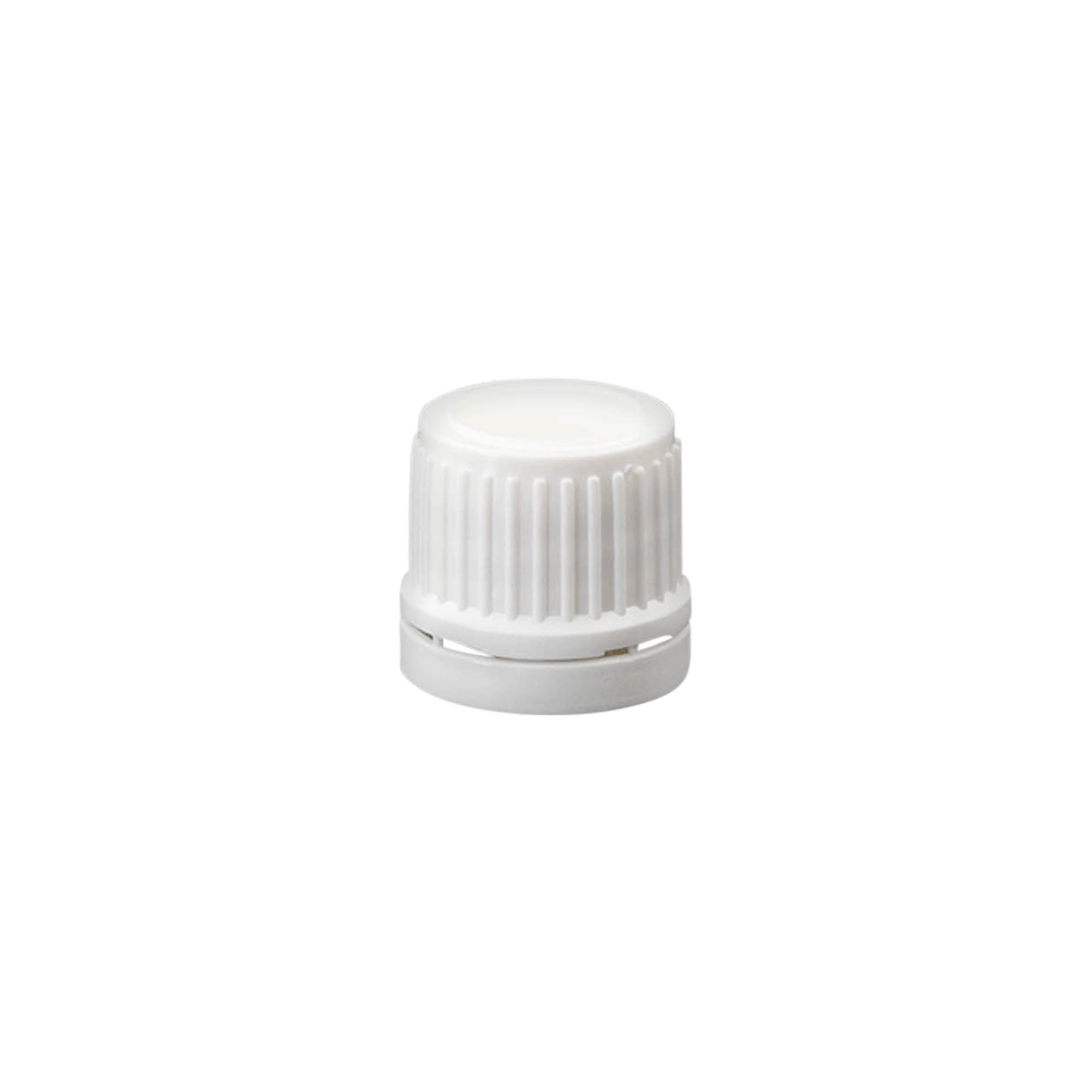 Screw cap with tamper-evident seal, PE plastic, white, for opening: DIN 18