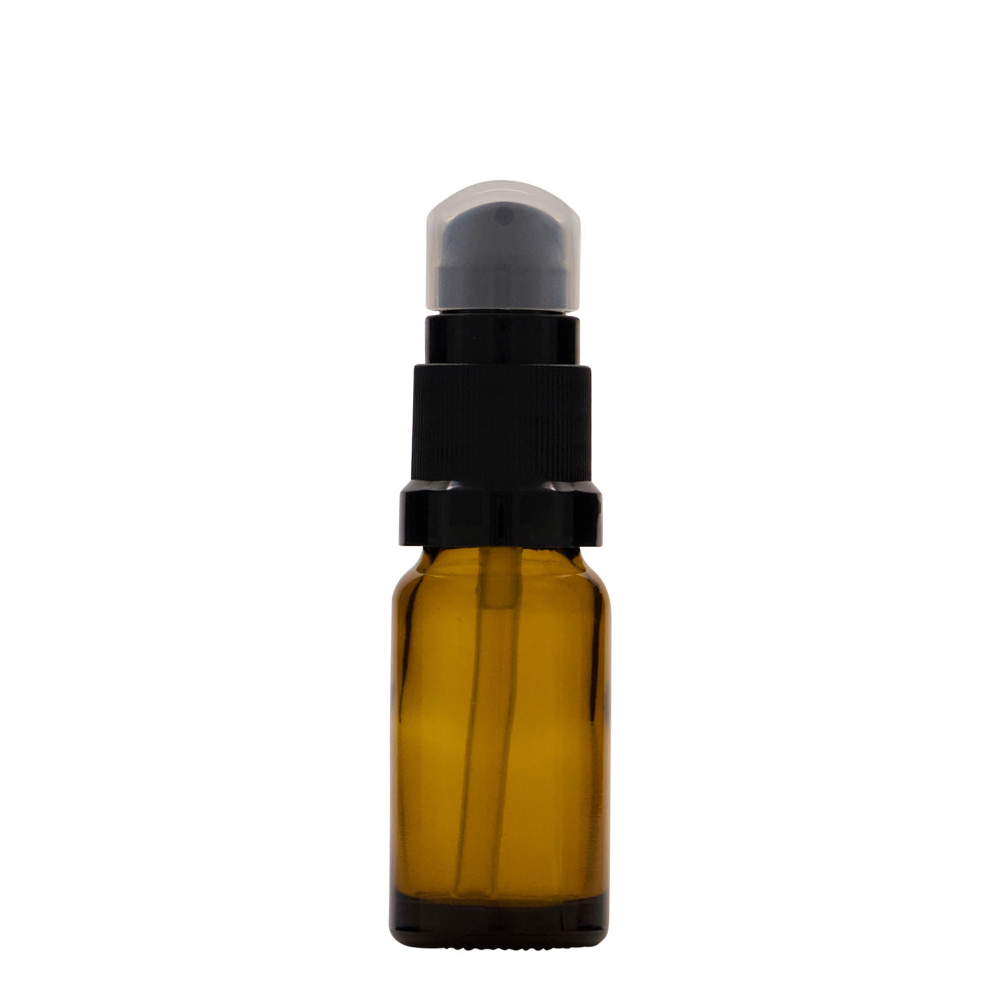 10 ml medicine bottle with lotion pump, glass, brown, opening: DIN 18 10 ml medicine bottle with lotion pump, glass, brown, opening: DIN 18