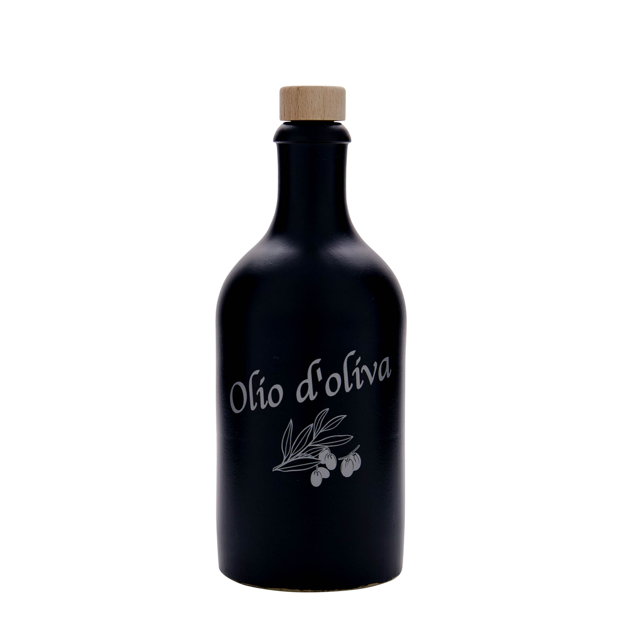 500 ml clay jug, motif: Olio d'Oliva, stoneware, black, mouth: cork