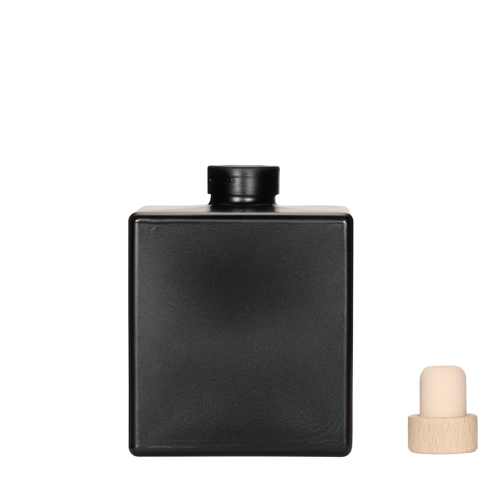 500 ml glass bottle ‘Cube’, square, black, opening: cork