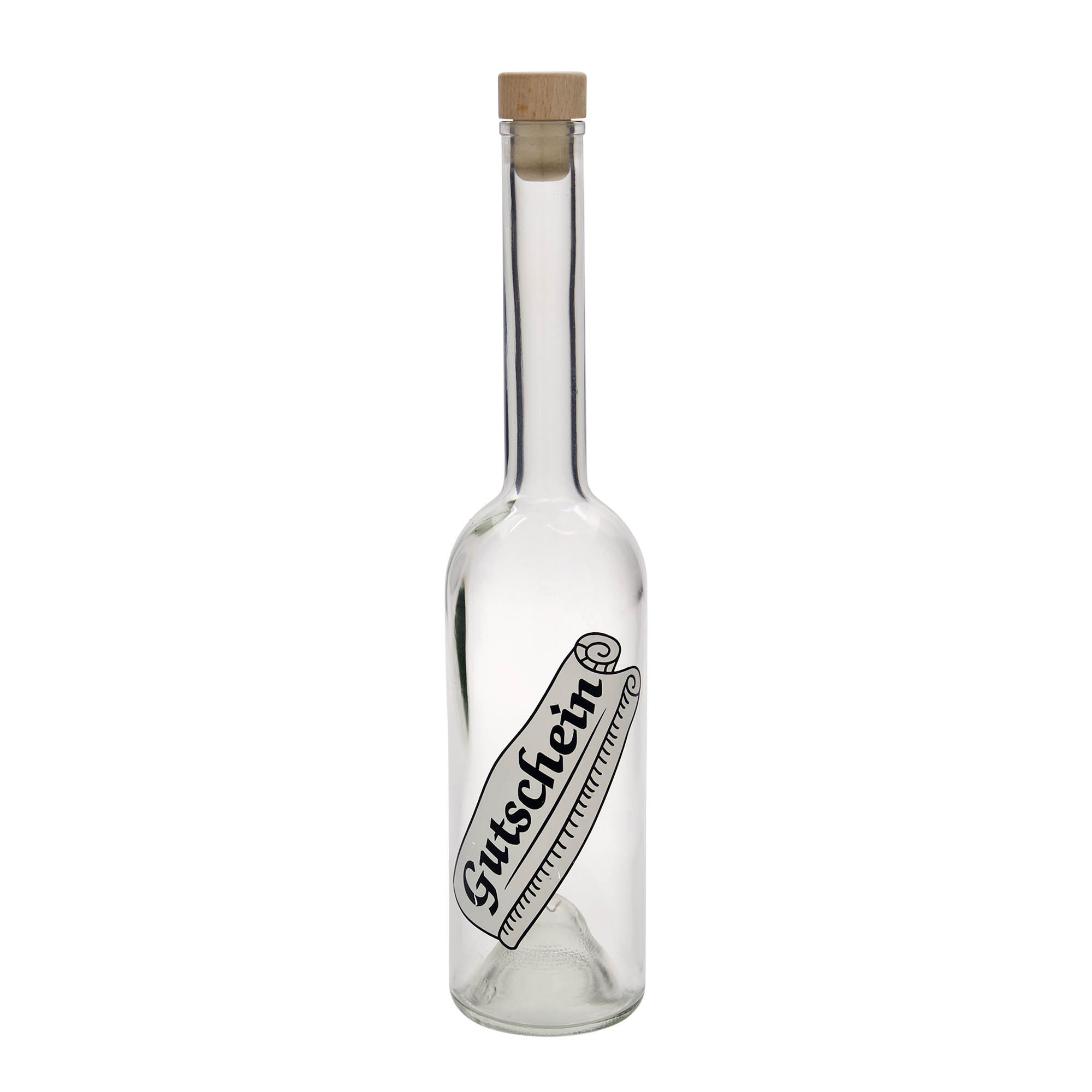500 ml glass bottle ‘Opera’, design: voucher, opening: cork