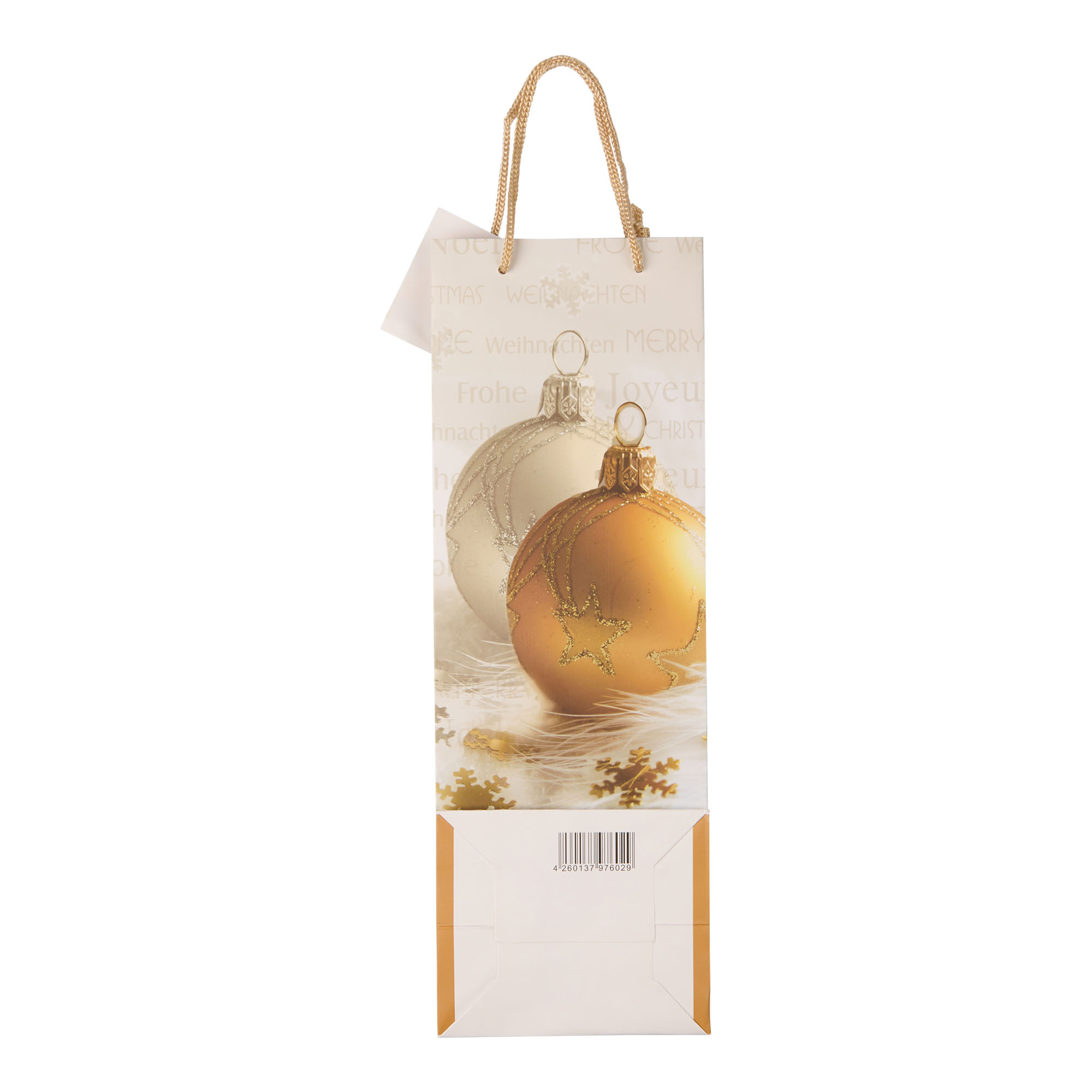 Bottle bag, print: Happy Christmas, square, paper, gold