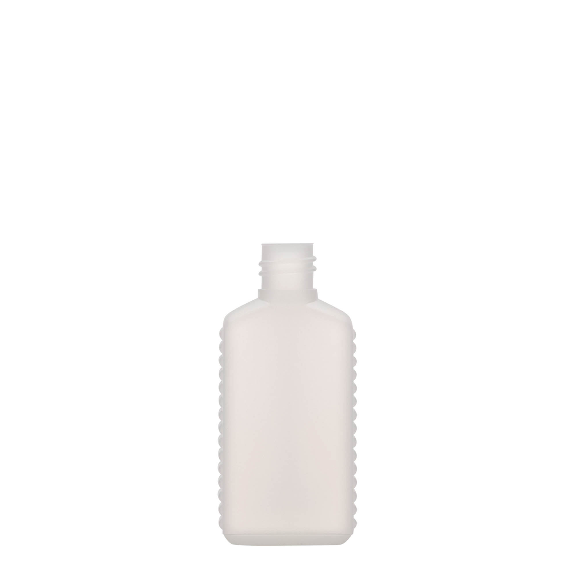 50 ml narrow neck canister bottle, rectangular, HDPE plastic, natural, closure: DIN 18 50 ml narrow neck canister bottle, rectangular, HDPE plastic, natural, closure: DIN 18