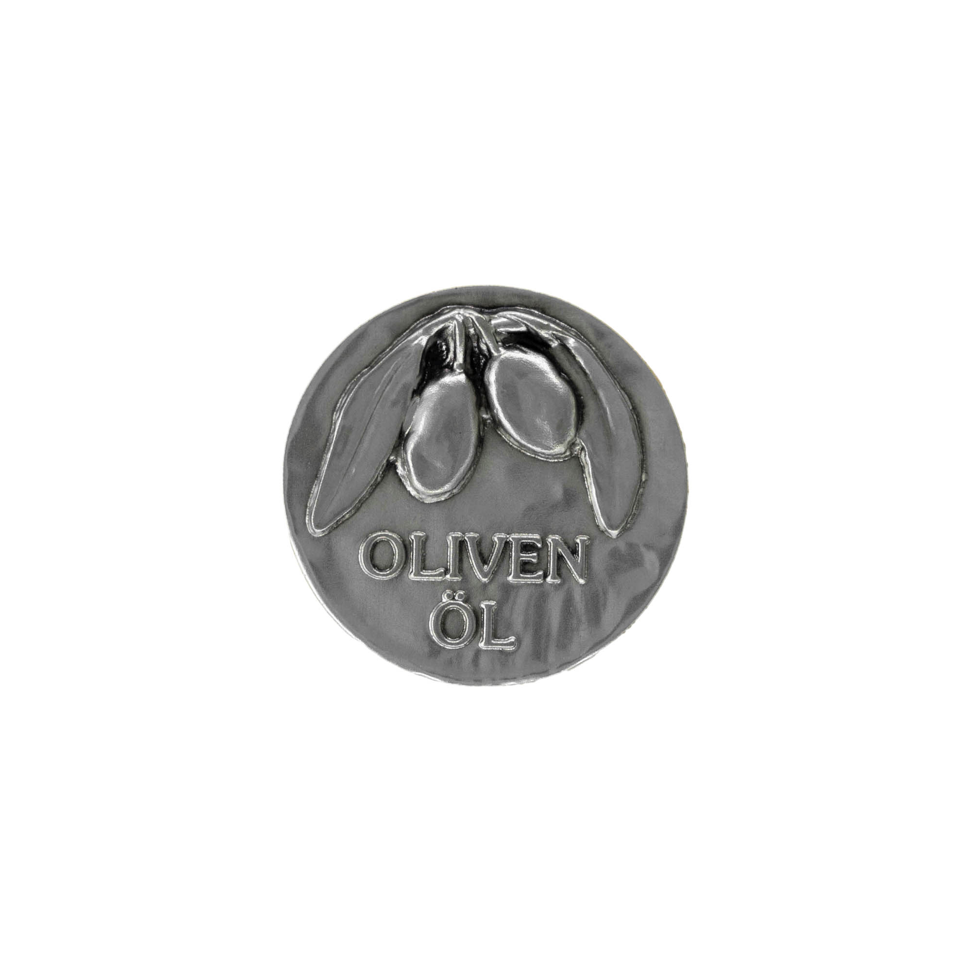 Tin label 'Olive oil', metal, silver