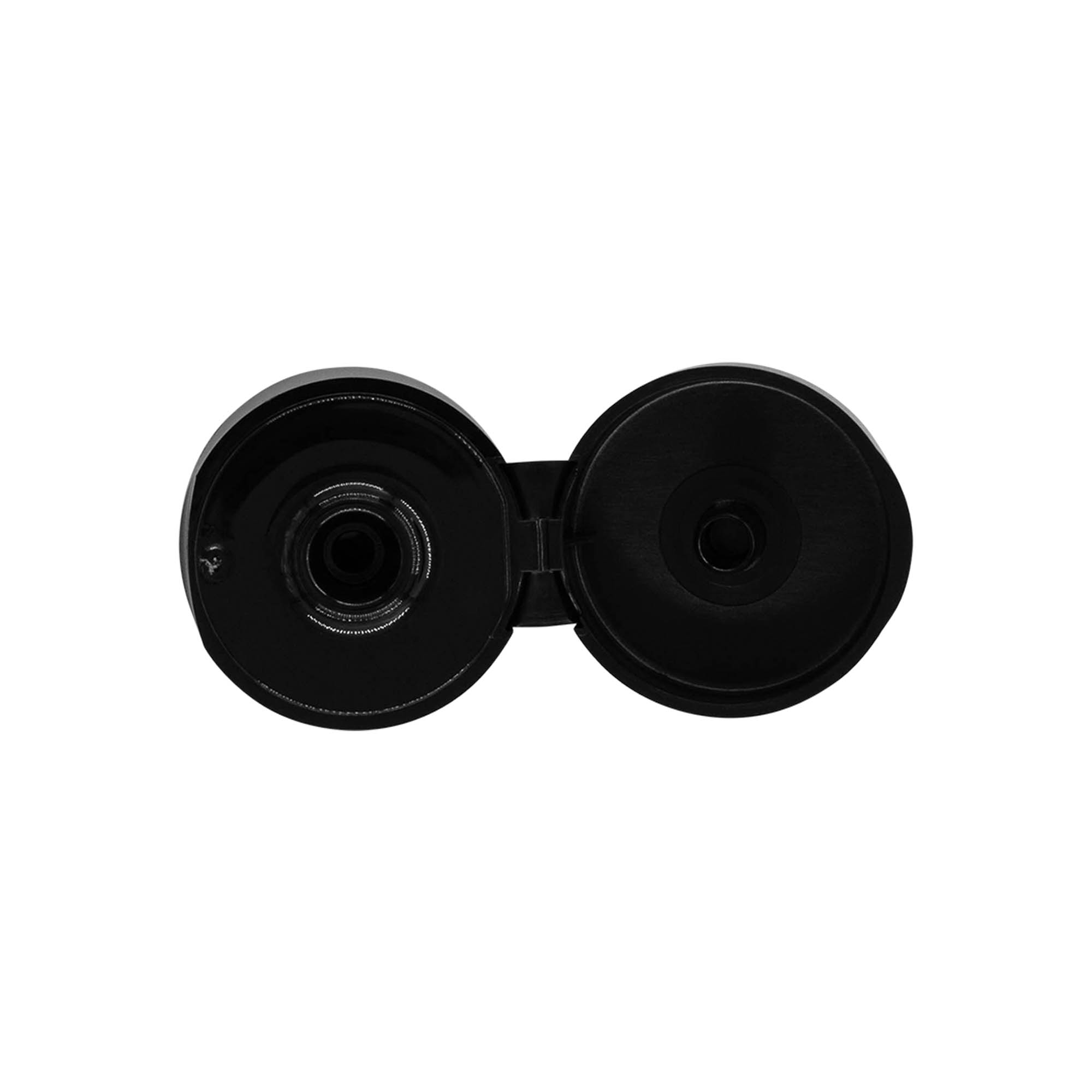 Screw cap with hinged flap, PP plastic, black, for opening: 24/410 Screw cap with hinged flap, PP plastic, black, for opening: 24/410