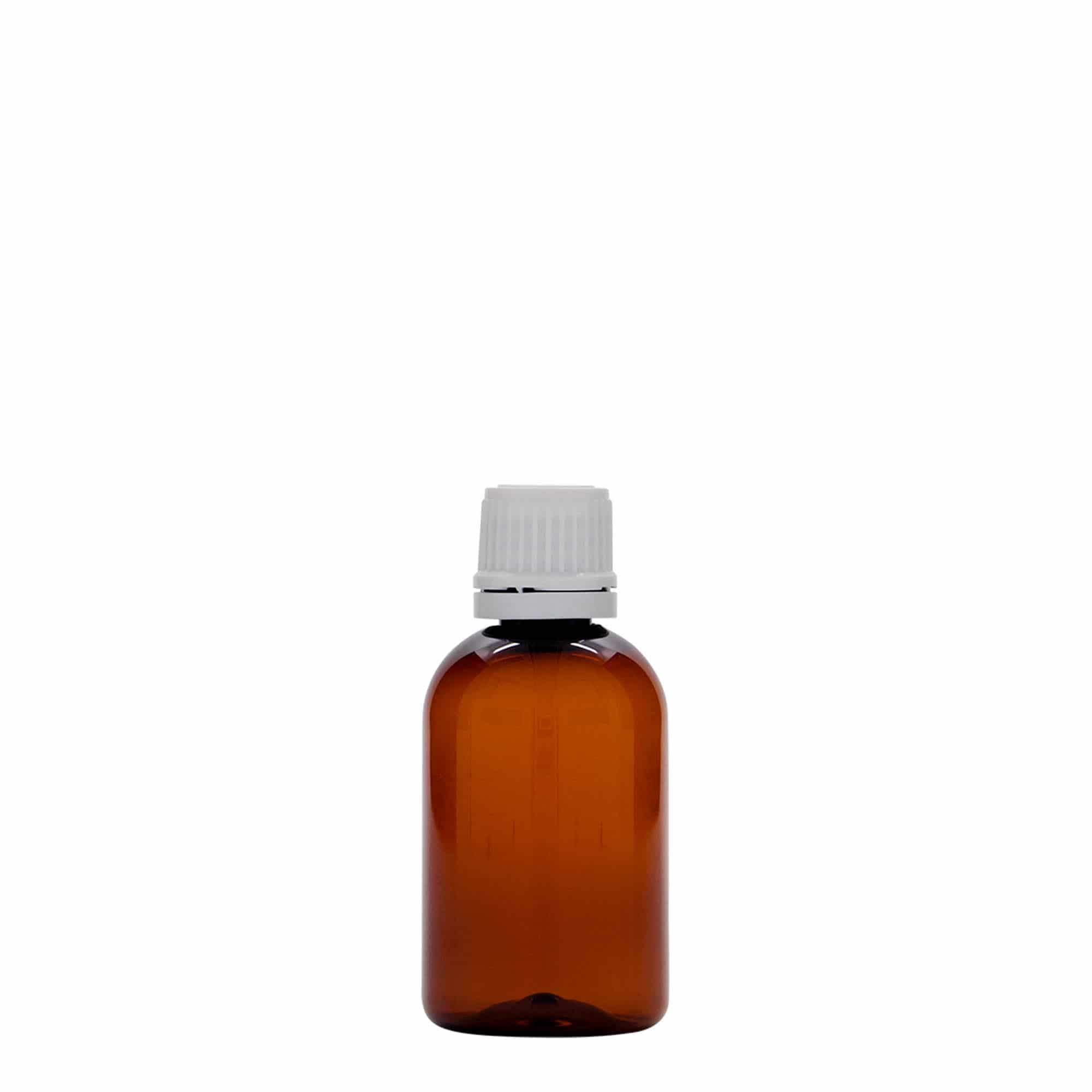 50 ml PET medical bottle ‘Easy Living’, brown, plastic, opening: DIN 18