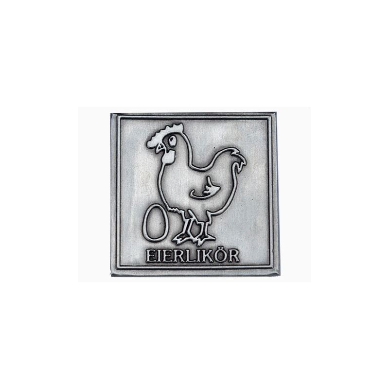 Pewter tag 'Egg Liqueur', square, metal, silver