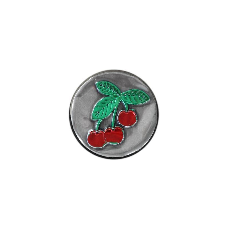 Tin label 'Cherry', round, metal, silver Tin label 'Cherry', round, metal, silver