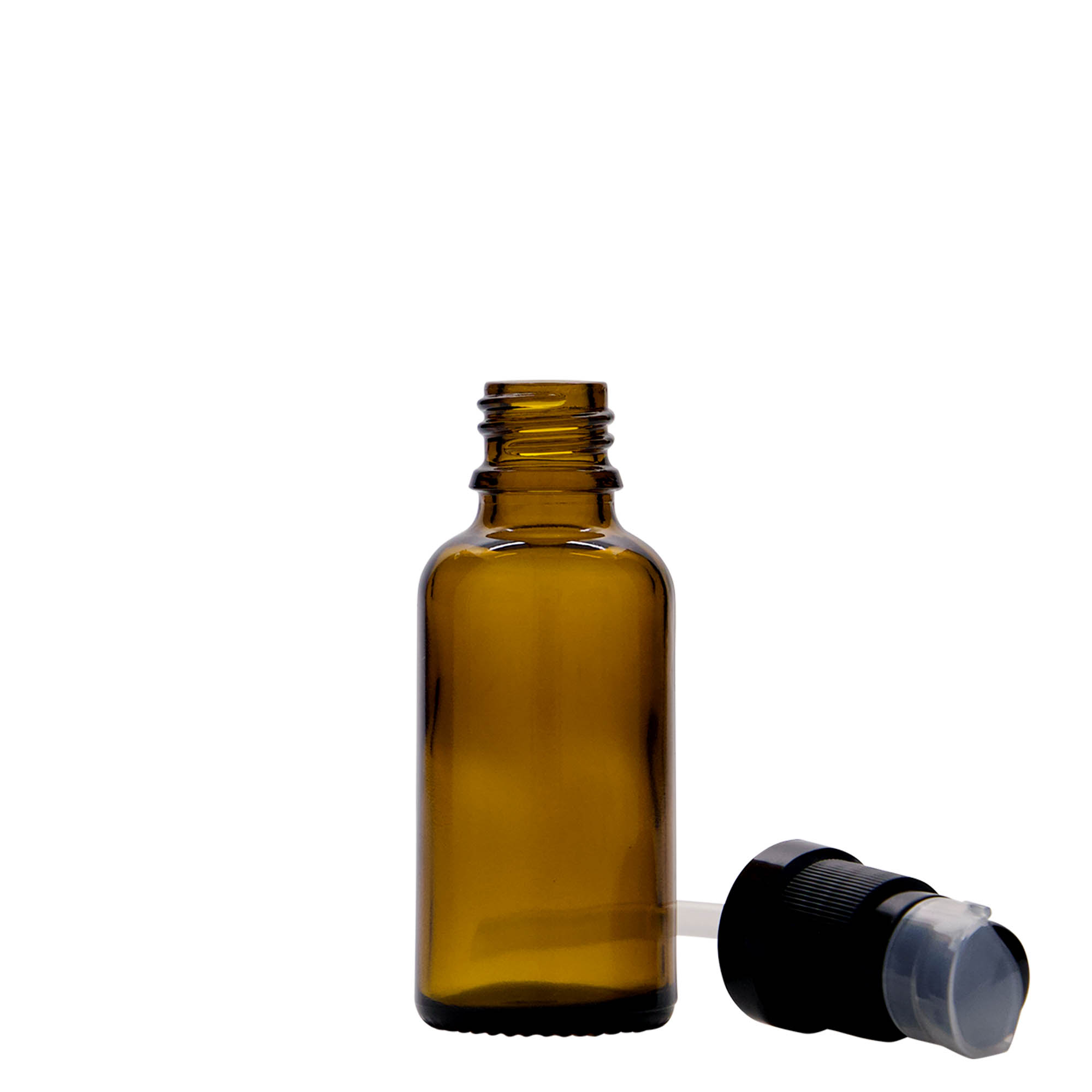 30 ml medical bottle with lotion pump, glass, brown, opening: DIN 18 30 ml medical bottle with lotion pump, glass, brown, opening: DIN 18