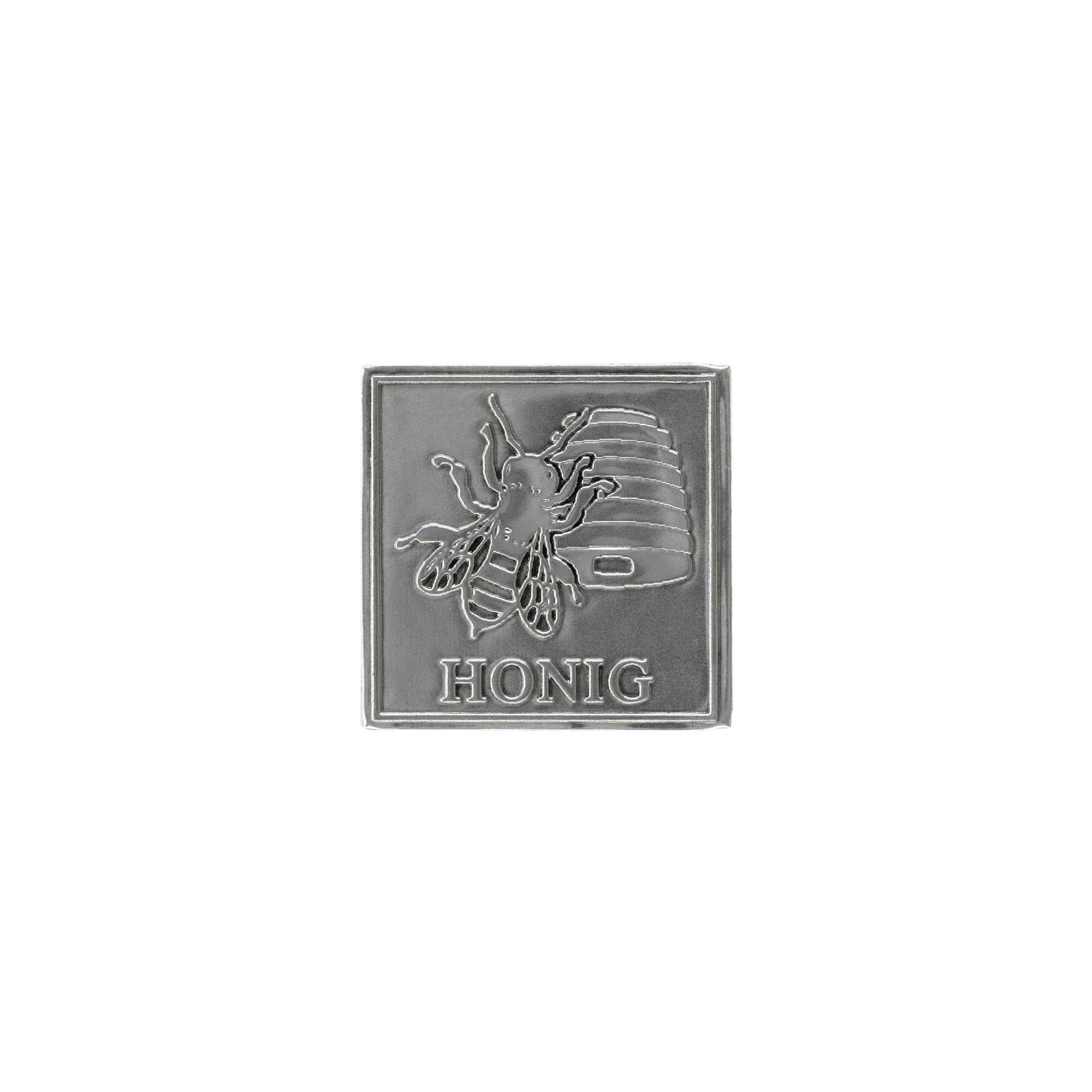 Tin label 'Honey', square, metal, silver Tin label 'Honey', square, metal, silver