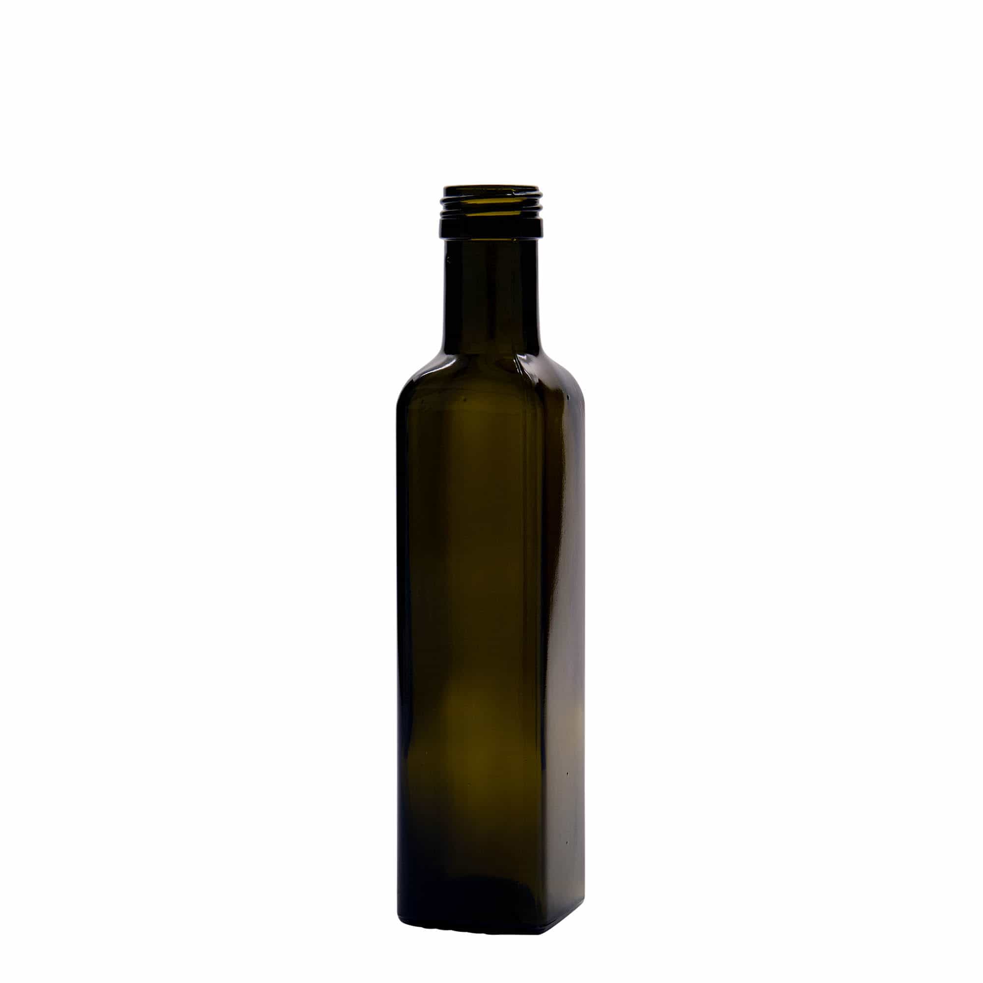 250 ml glass bottle ‘Marasca’, square, antique green, opening: PP 31.5