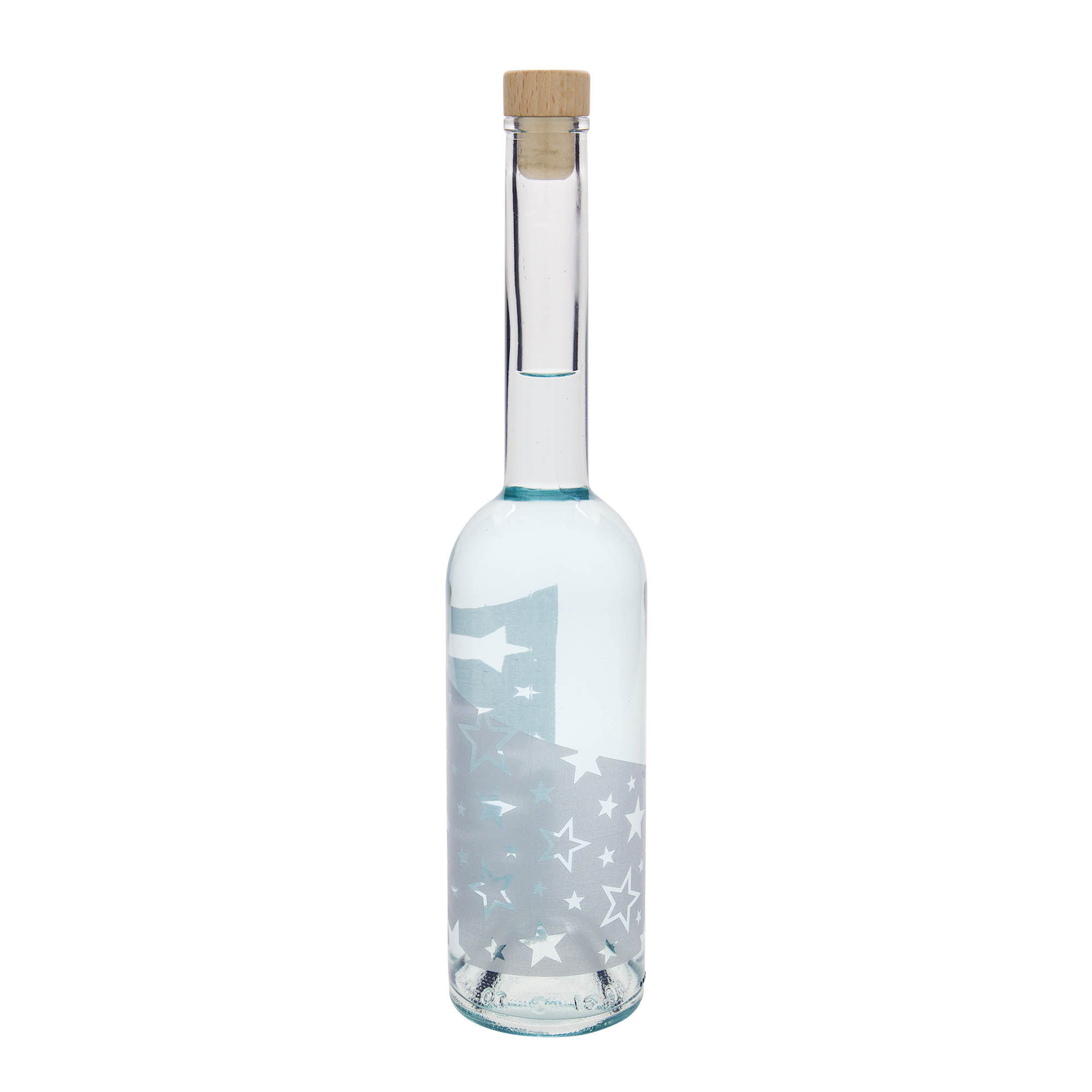 500 ml glass bottle 'Opera', design: silver stars, opening: cork