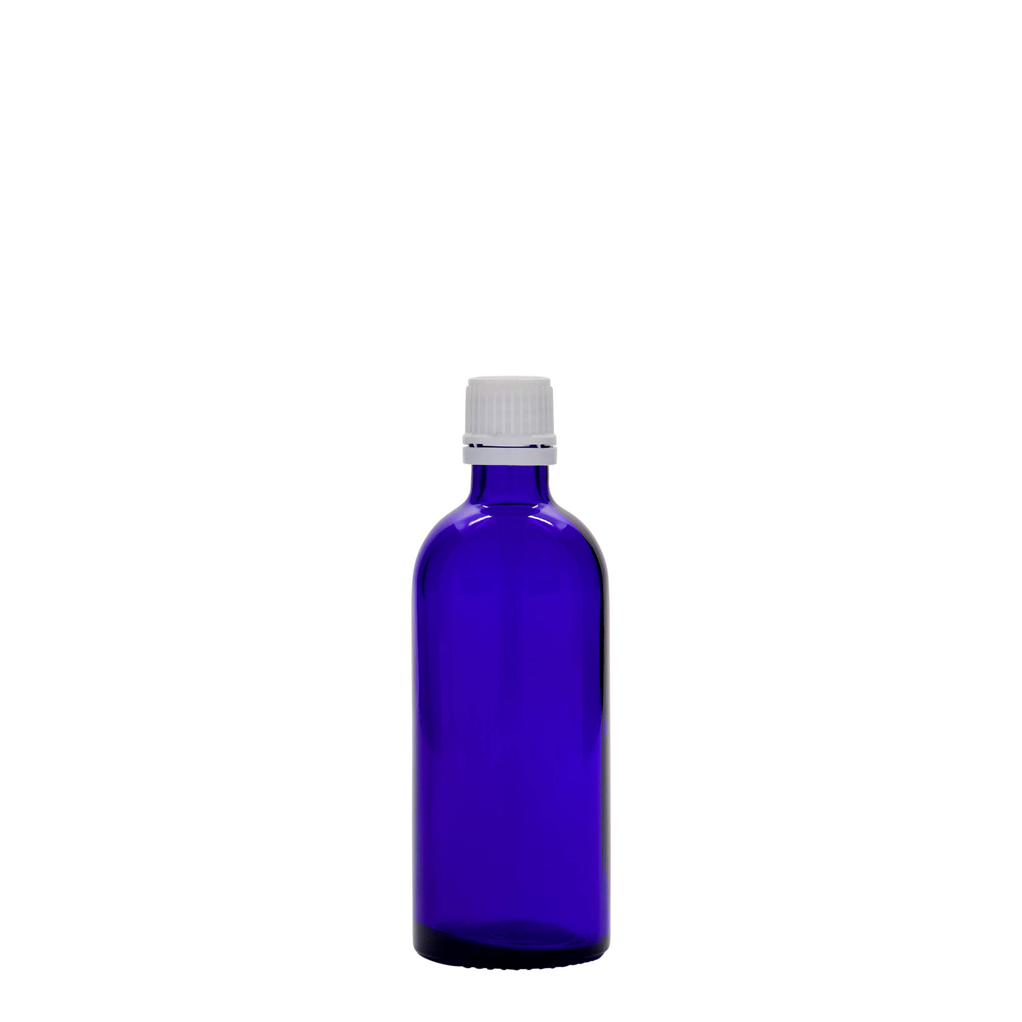 100 ml medical bottle, glass, royal blue, opening: DIN 18