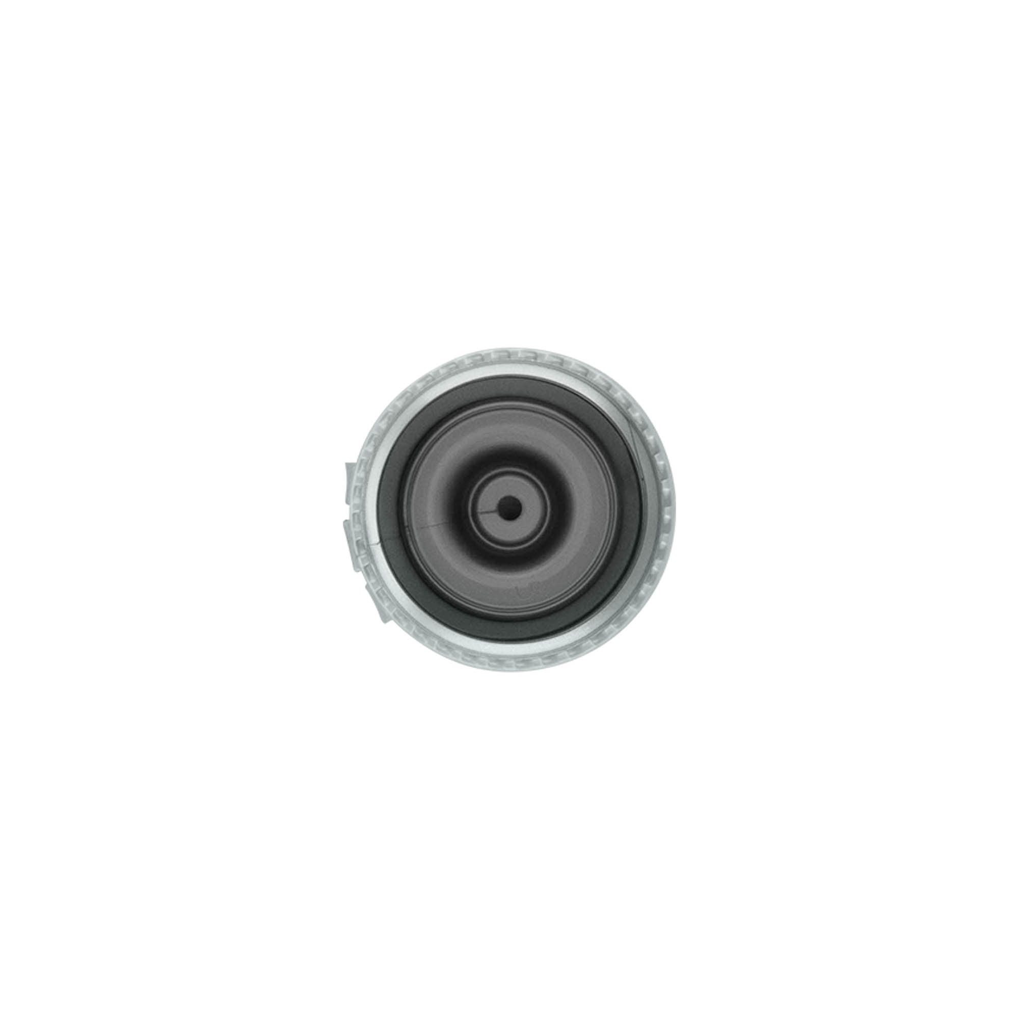 Screw cap with hinge, PP plastic, silver, for opening: 24/410