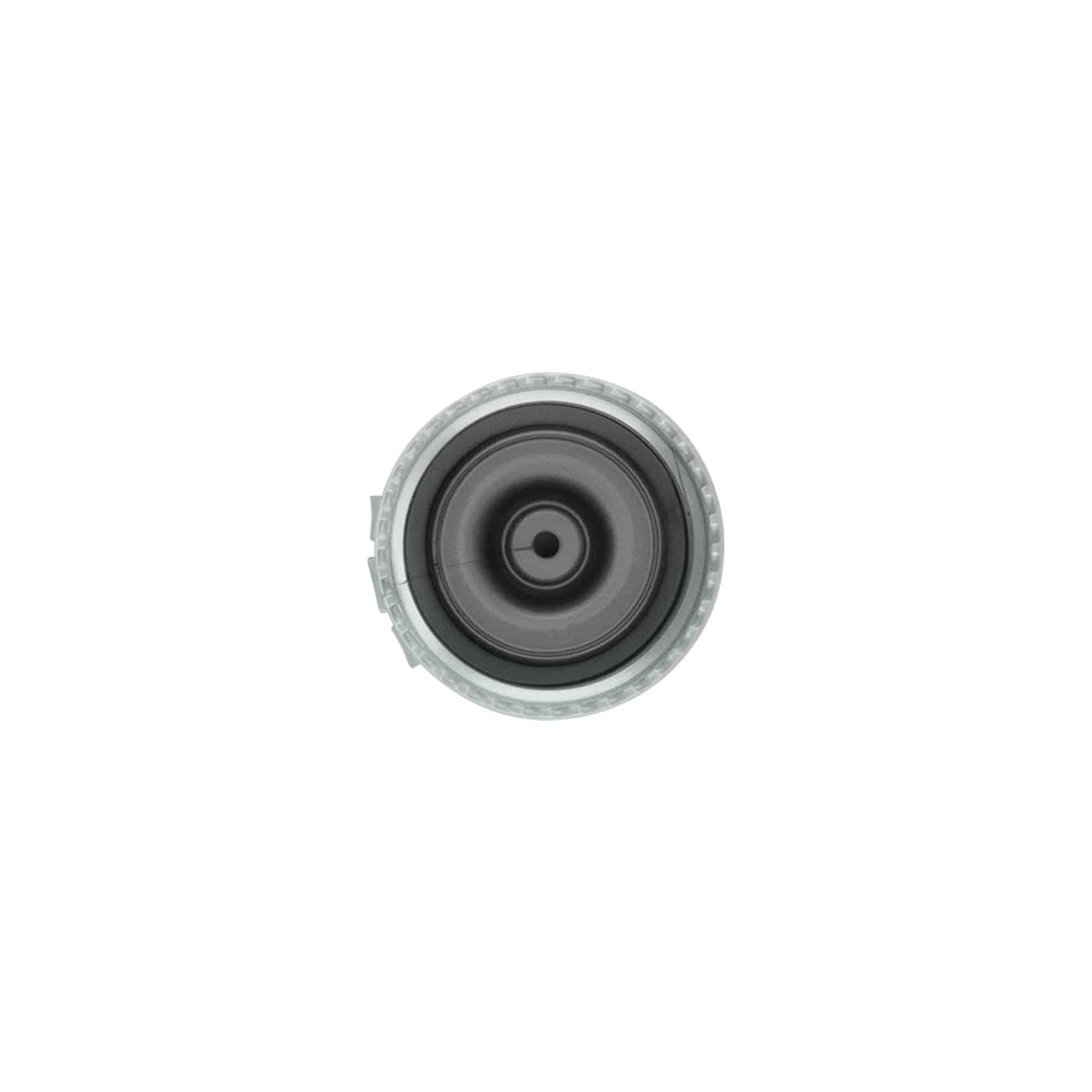 Screw cap with hinge, PP plastic, silver, for opening: 24/410