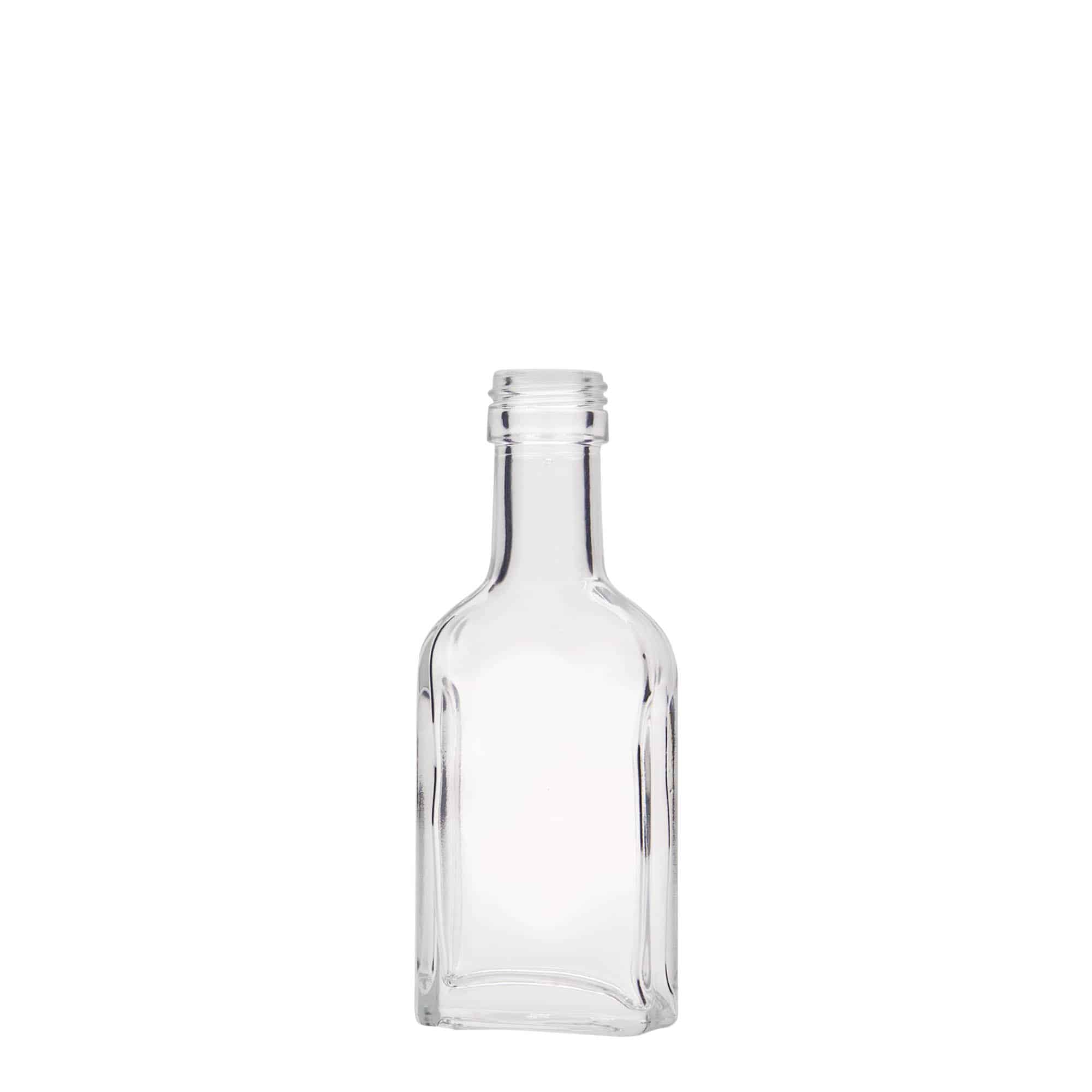 40 ml pocket bottle long neck, rectangular, glass, opening: PP 22