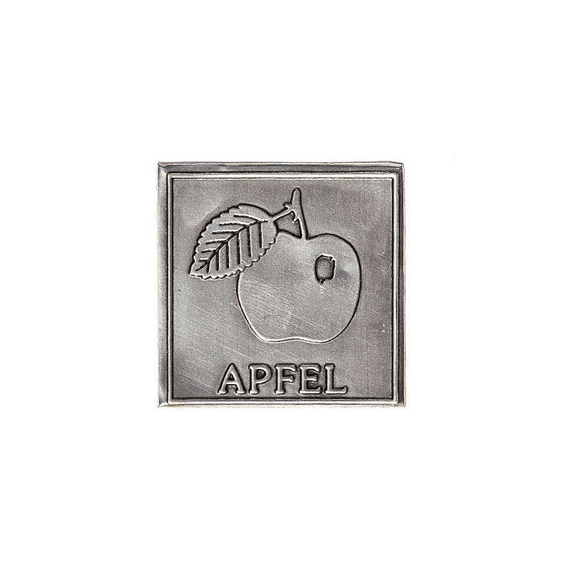 Tin label 'Apple', square, metal, silver Tin label 'Apple', square, metal, silver