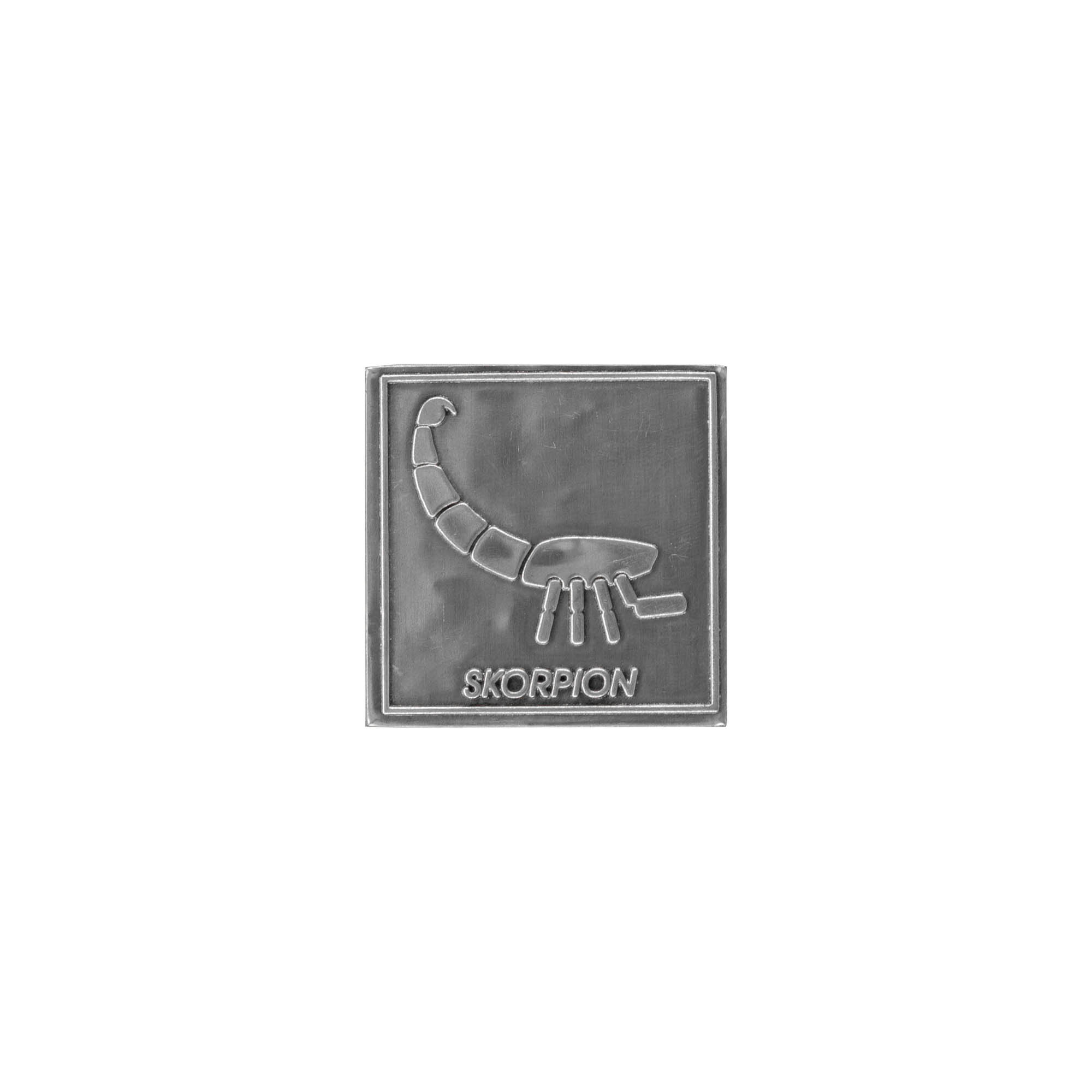 Tin label 'Scorpion', square, metal, silver